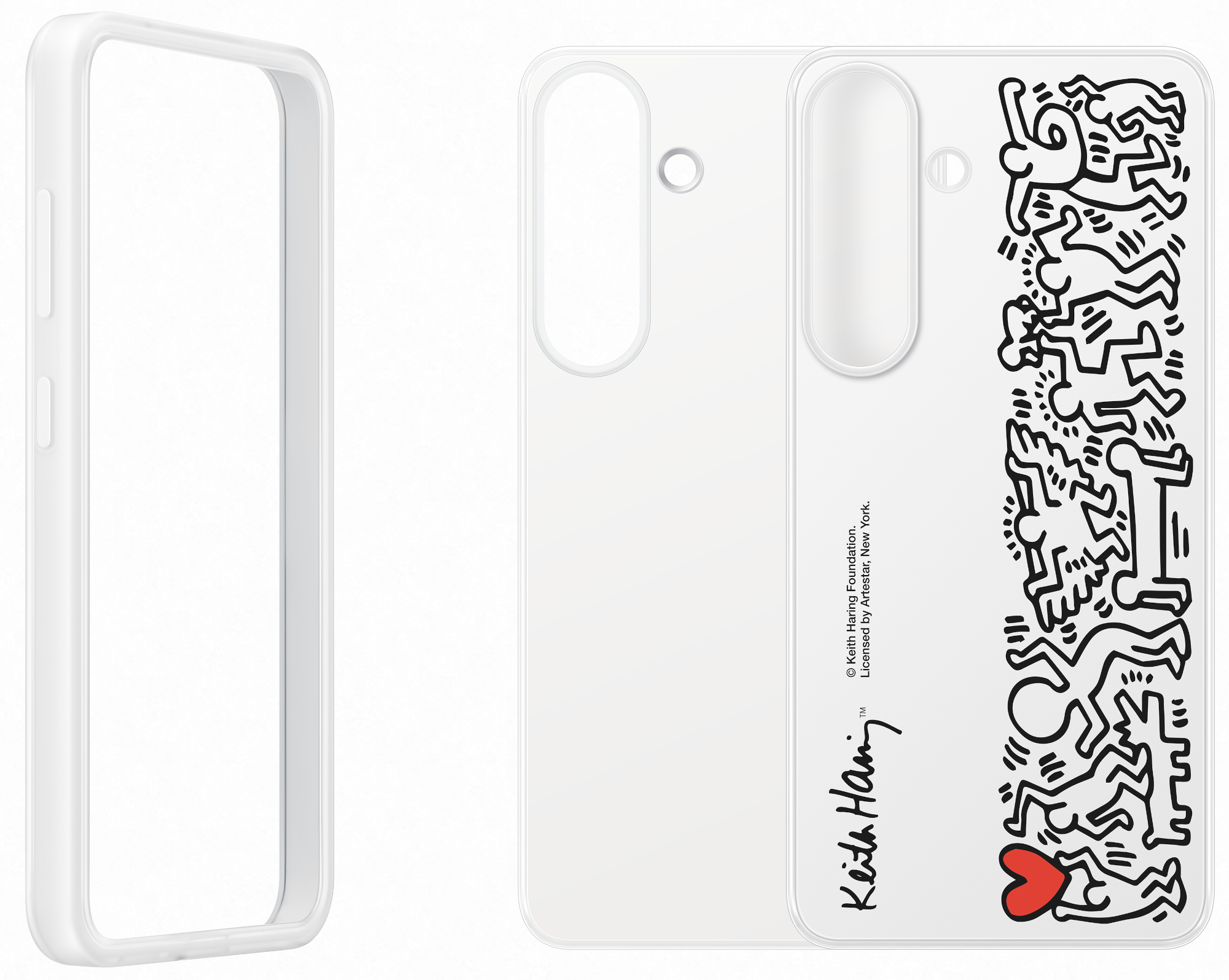 Fehér telefontok Keith Haring dizájnnal és piros szívvel.