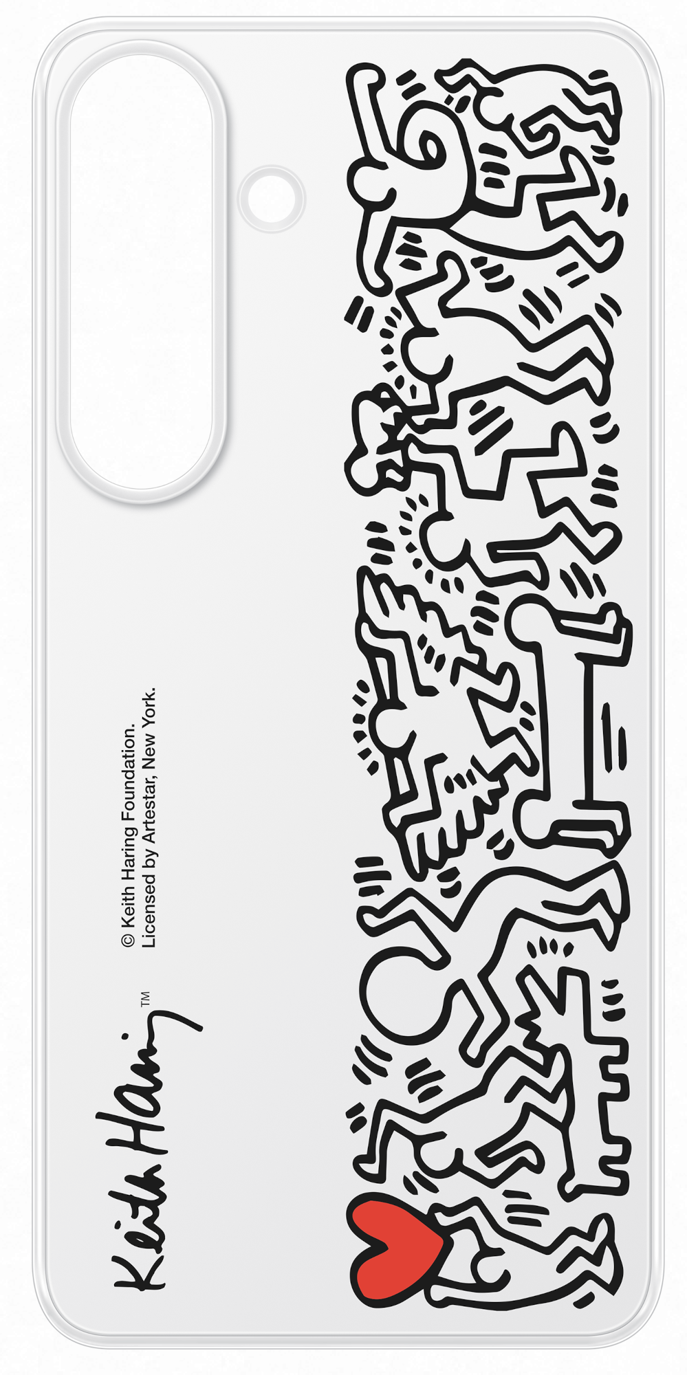 Átlátszó telefontok Keith Haring műalkotással. Fekete vonalfigurák és egy piros szív látható.