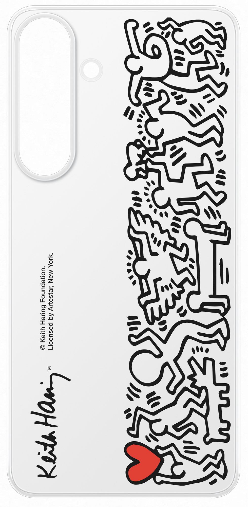 Fehér telefontok fekete Keith Haring művészettel. Tartalmaz egy piros szívet és a művész aláírását.