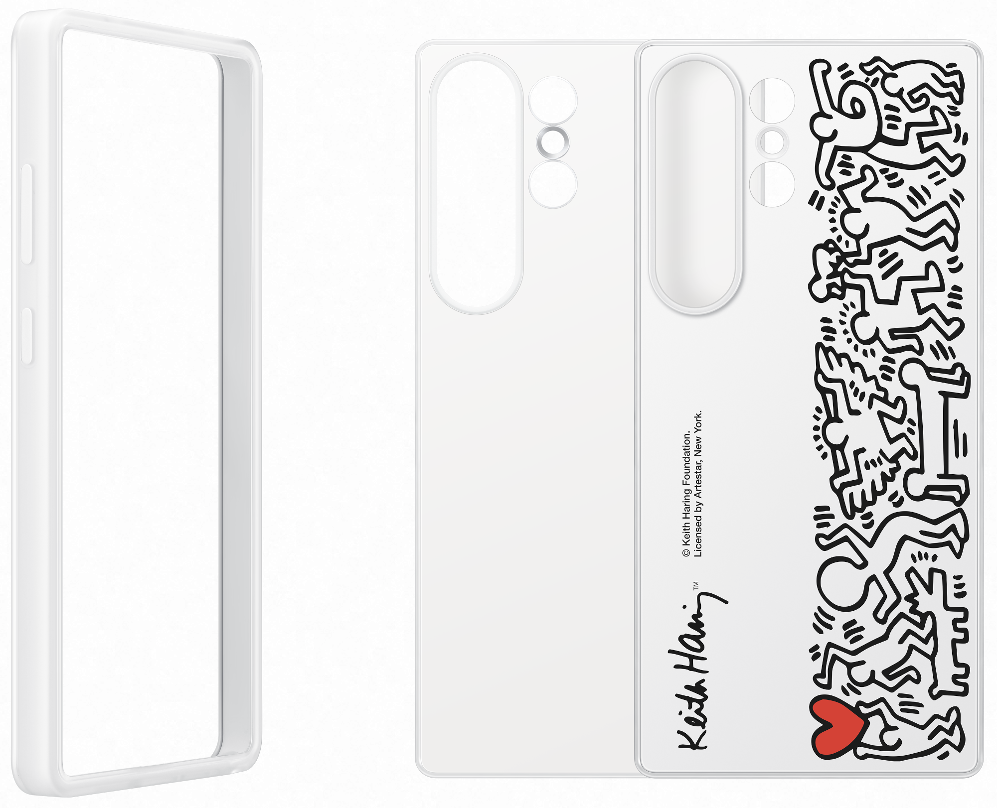Átlátszó telefontok Keith Haring műalkotással és piros szívvel, fehér háttér.