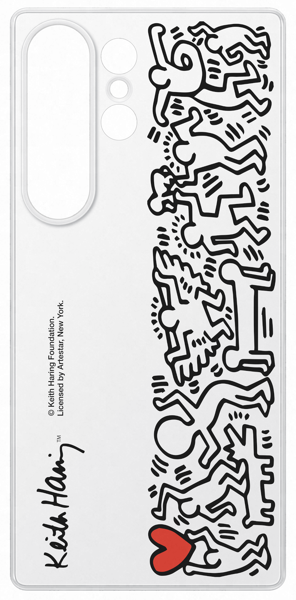 Fehér telefontok Keith Haring figurákkal és aláírással, piros szívvel alul, fehér háttéren.
