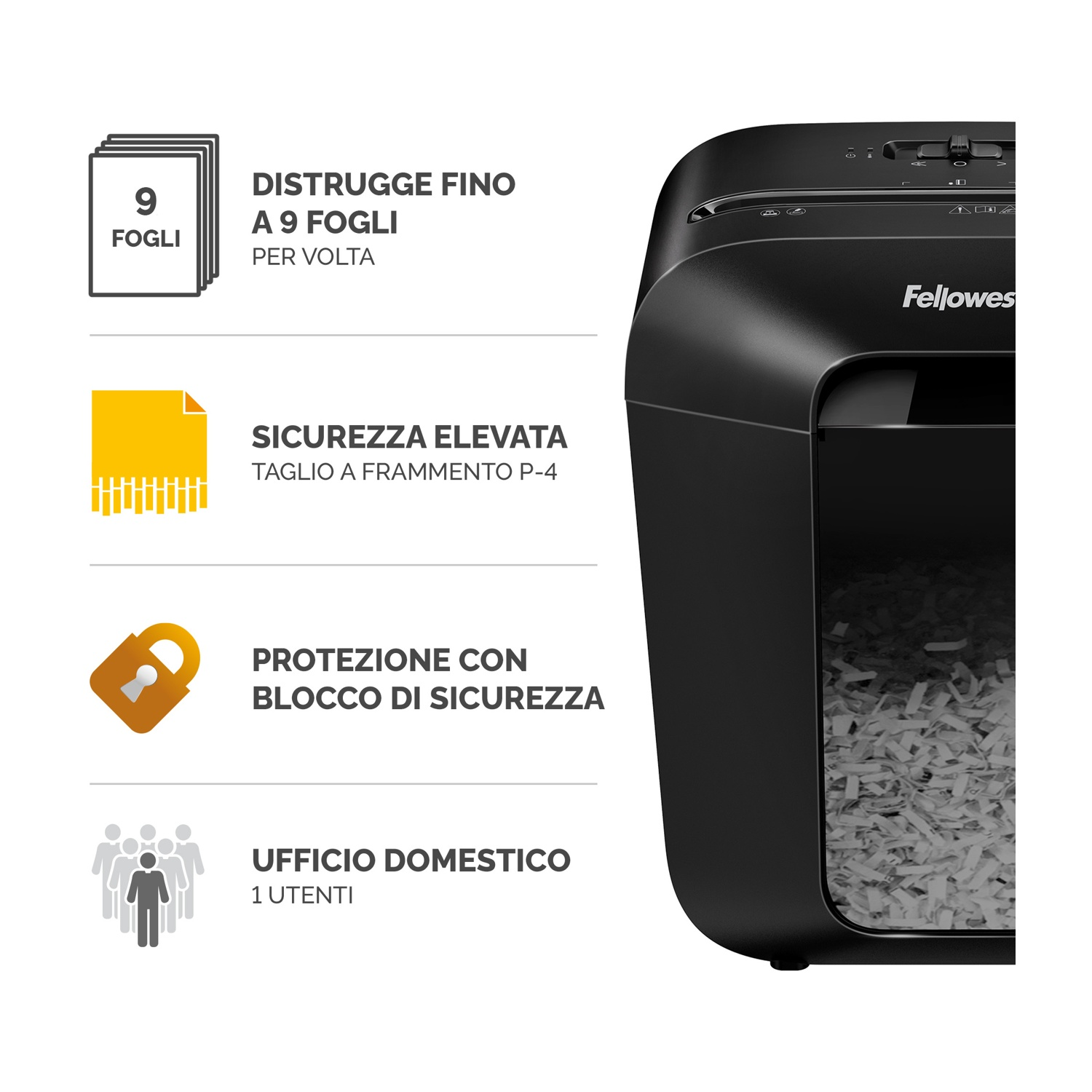 Distruggidocumenti nero con testo: distrugge 9 fogli, alta sicurezza, blocco di sicurezza, per ufficio domestico, 1 utente.