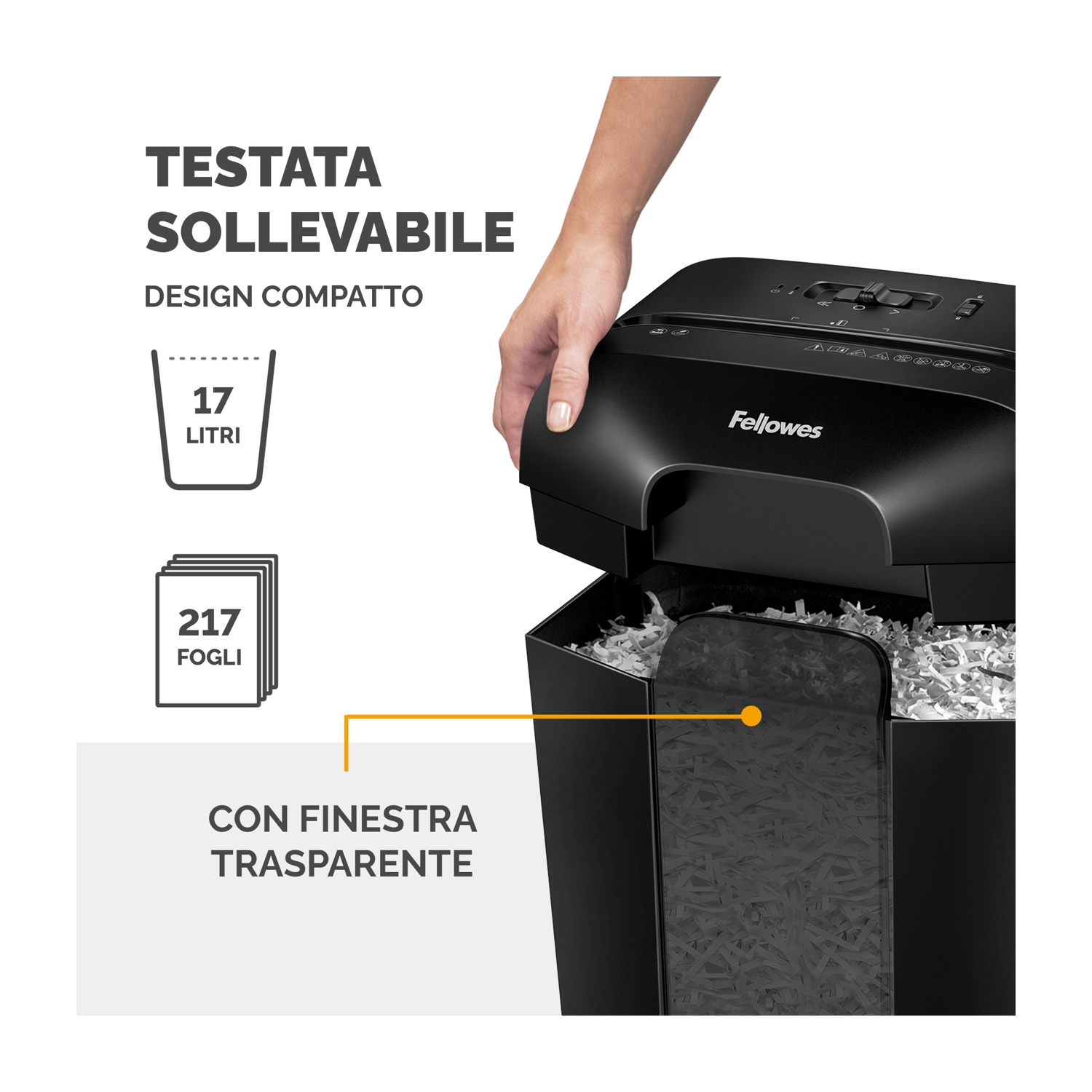 Una mano aziona un distruggidocumenti Fellowes nero, con testo su capacità e caratteristiche.