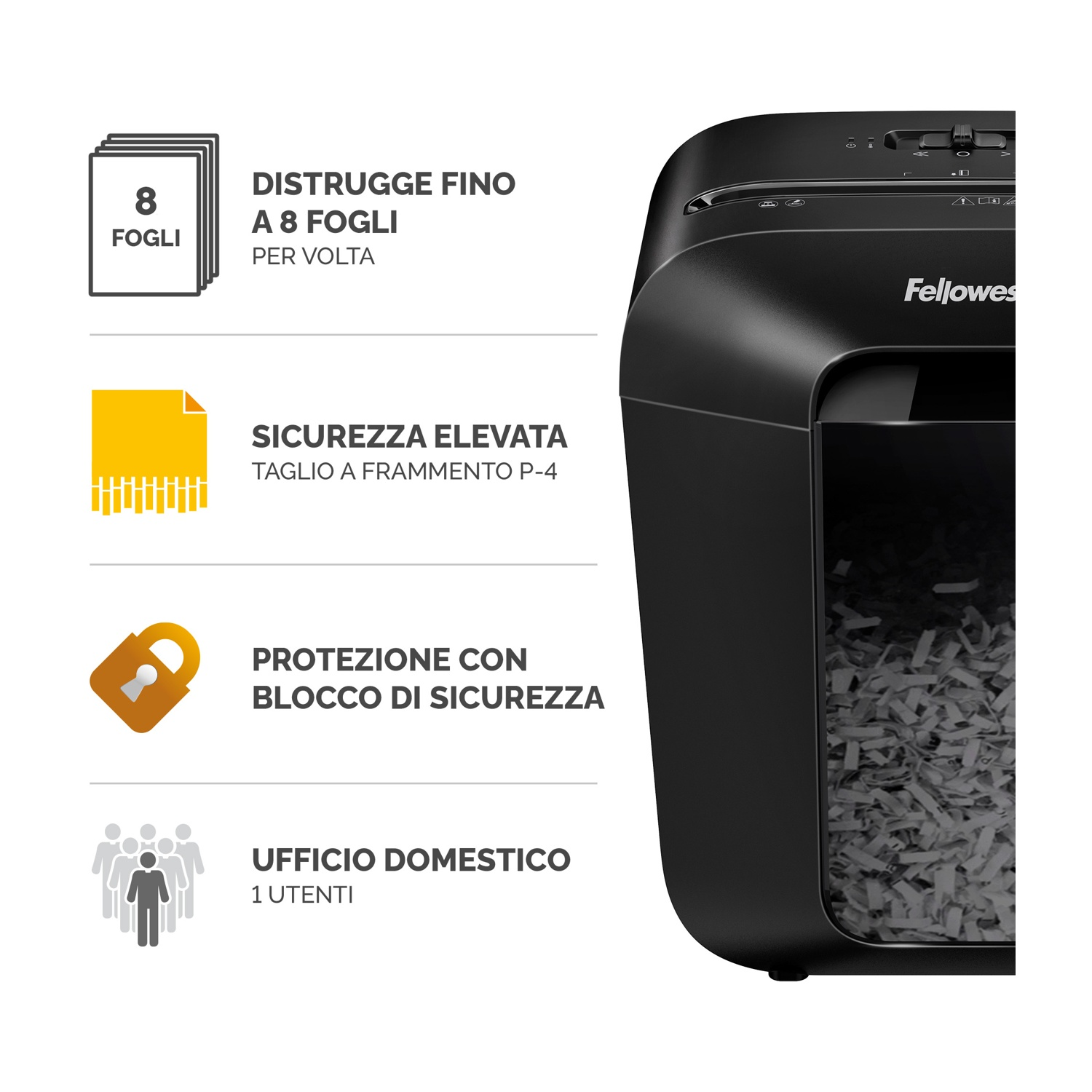 Distruggidocumenti nero con testi: 8 fogli, alta sicurezza, blocco di sicurezza e ufficio domestico.
