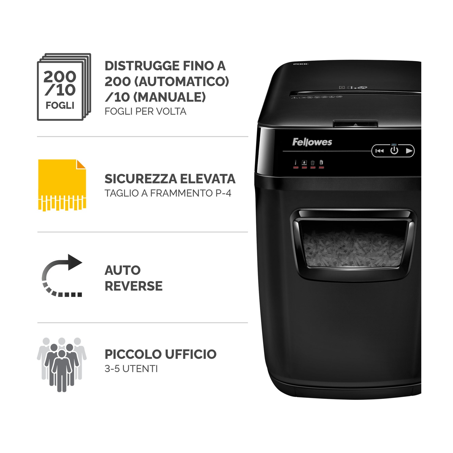 Un tritadocumenti nero con icone informative e testo su sfondo bianco.