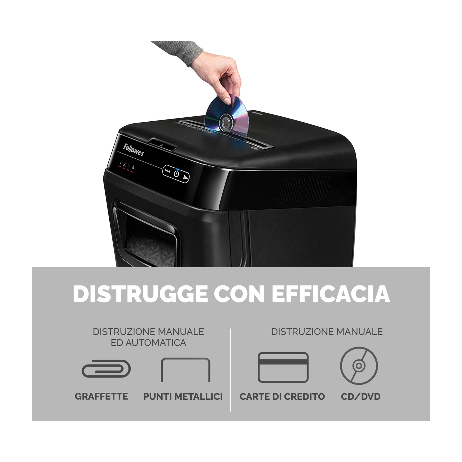 Distruggidocumenti nero con una mano che inserisce un CD. Distrugge punti metallici, graffette, carte di credito e CD.