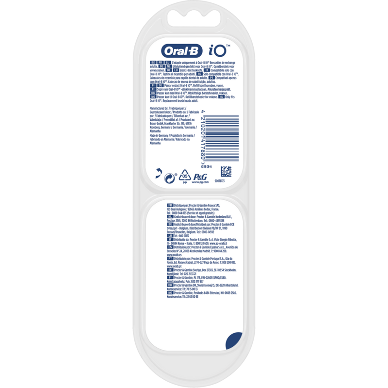 Un paquete de cabezales de cepillo de dientes Oral-B IO con texto y marca multilingües.