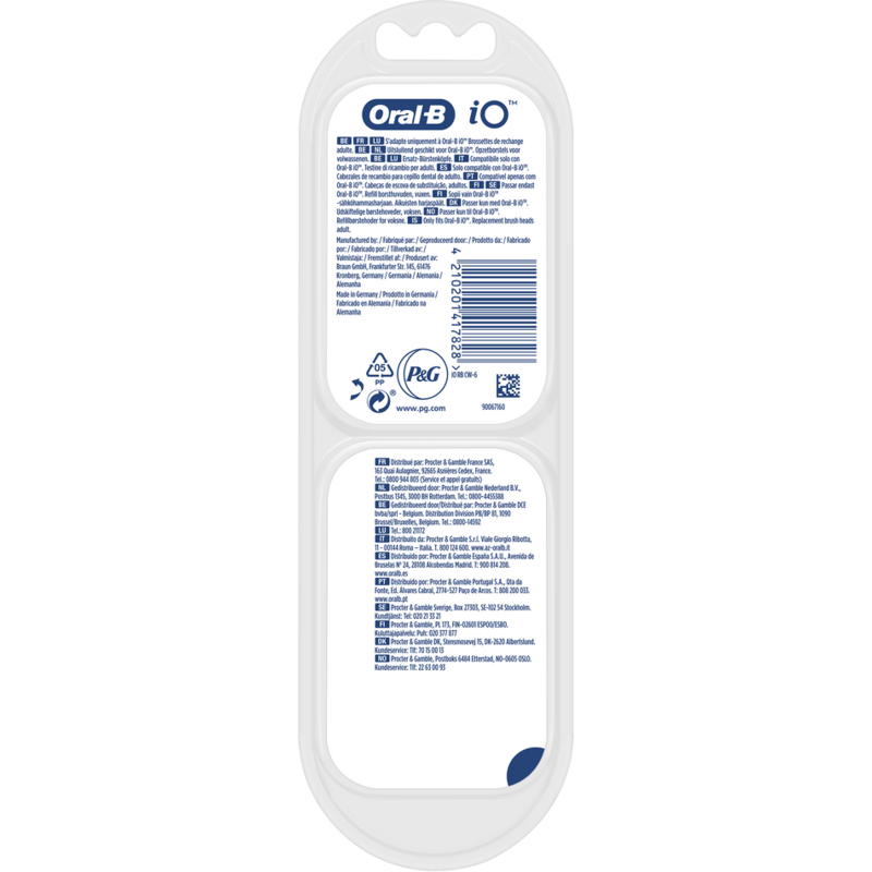 Embalaje de cabezales de cepillo de repuesto Oral-B iO. Texto en varios idiomas, con logotipos e información.