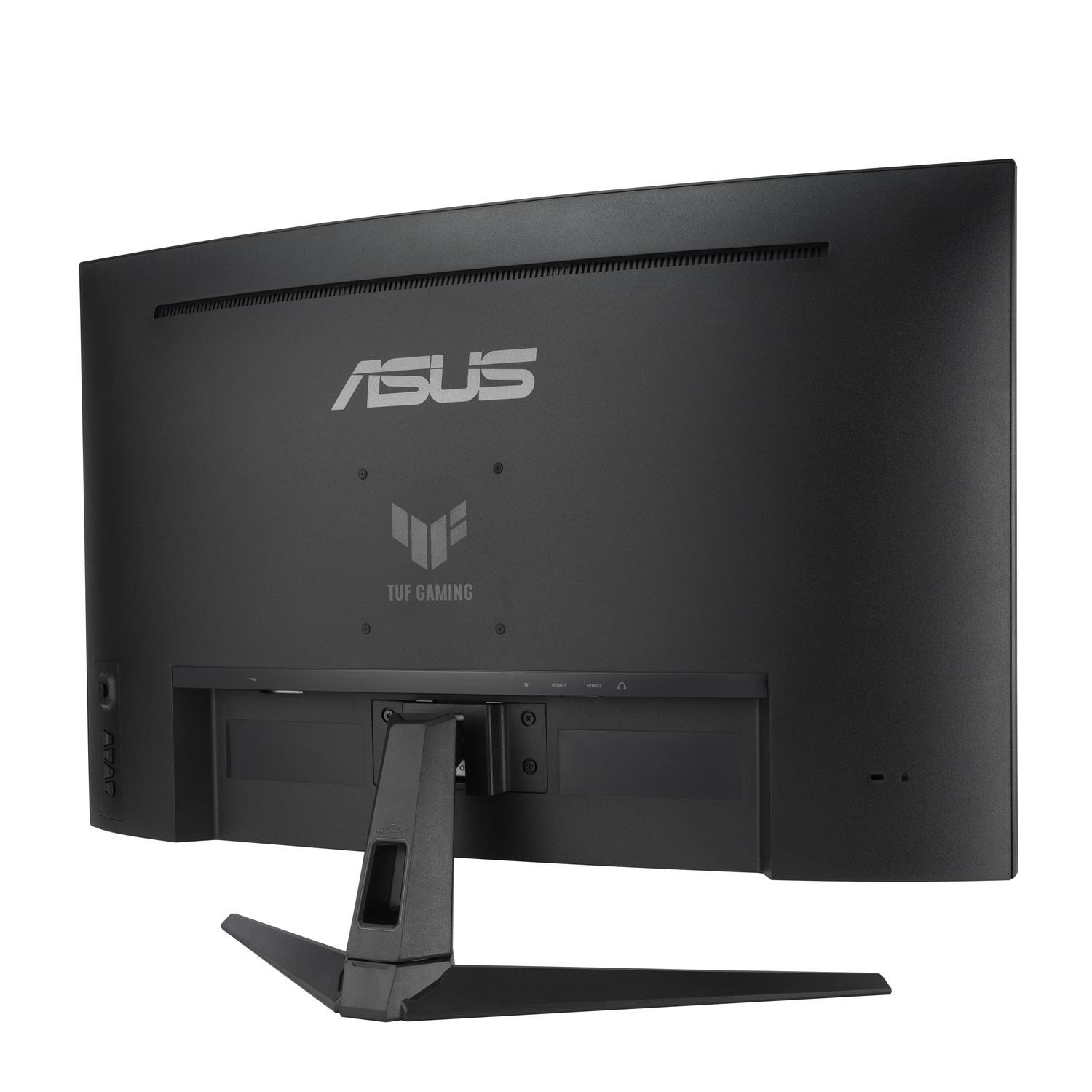 The back of a black ASUS monitor with the ASUS and TUF GAMING logos and stand.