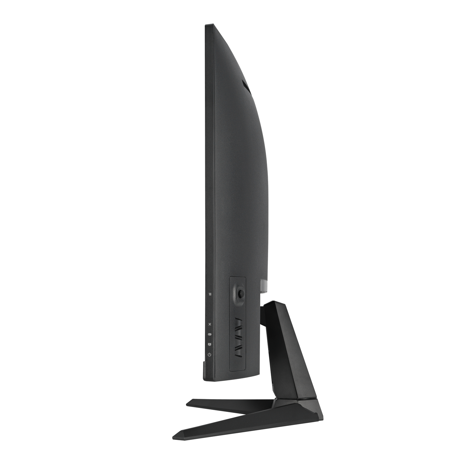 Side view of a black monitor with a stand. Includes power and input ports. White background.