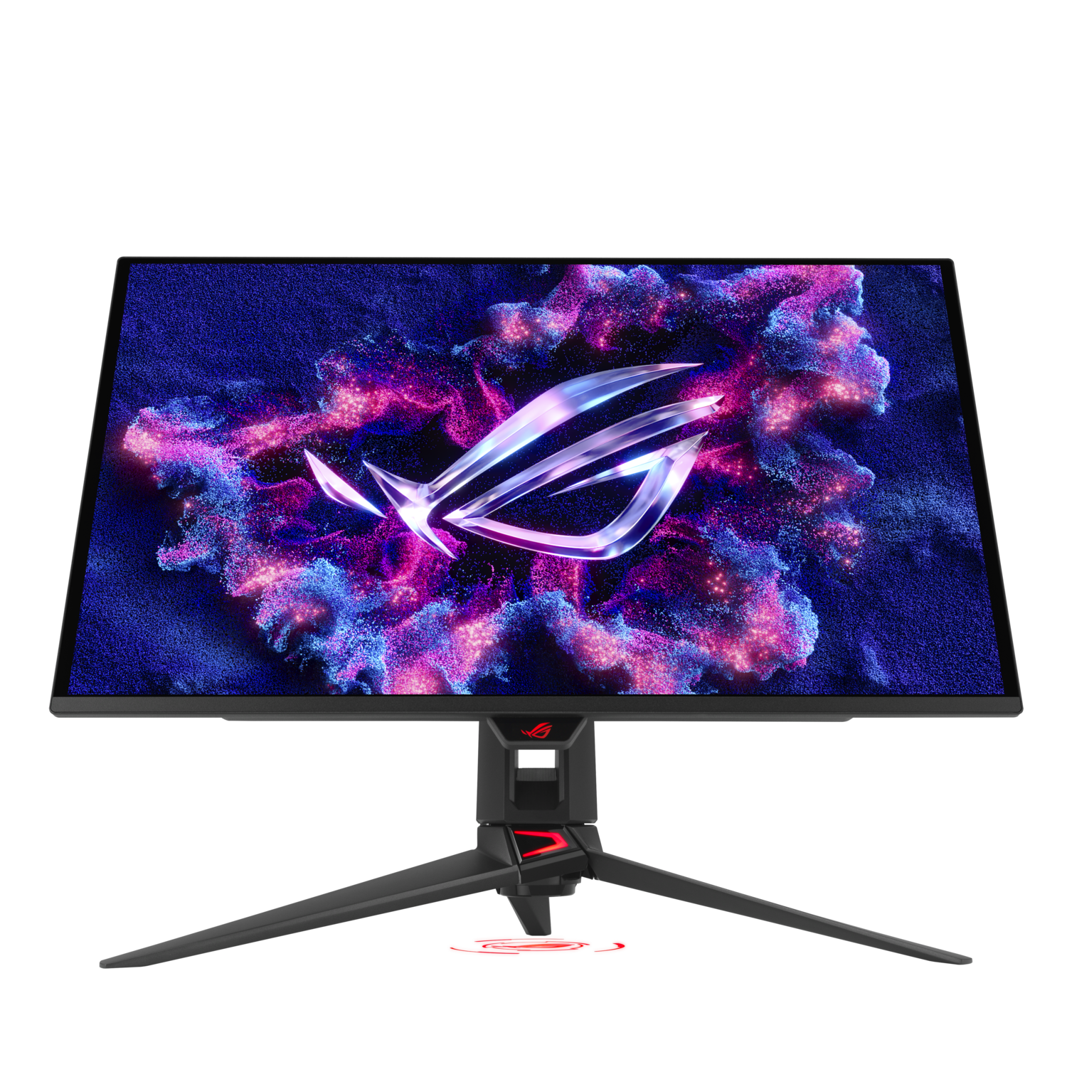 Black monitor displaying a logo. It has a unique stand and red accents.