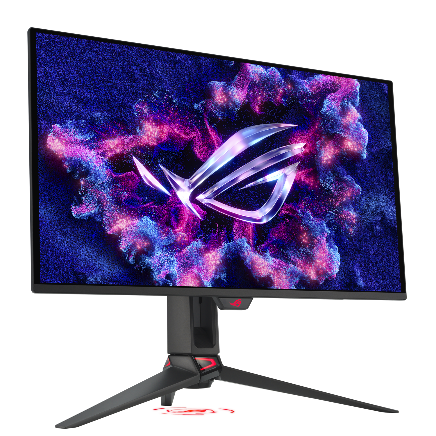 A large black and red gaming monitor with a futuristic design. The screen displays a colorful abstract image.