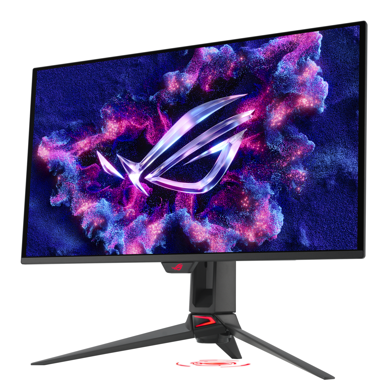 Black gaming monitor on a black surface.