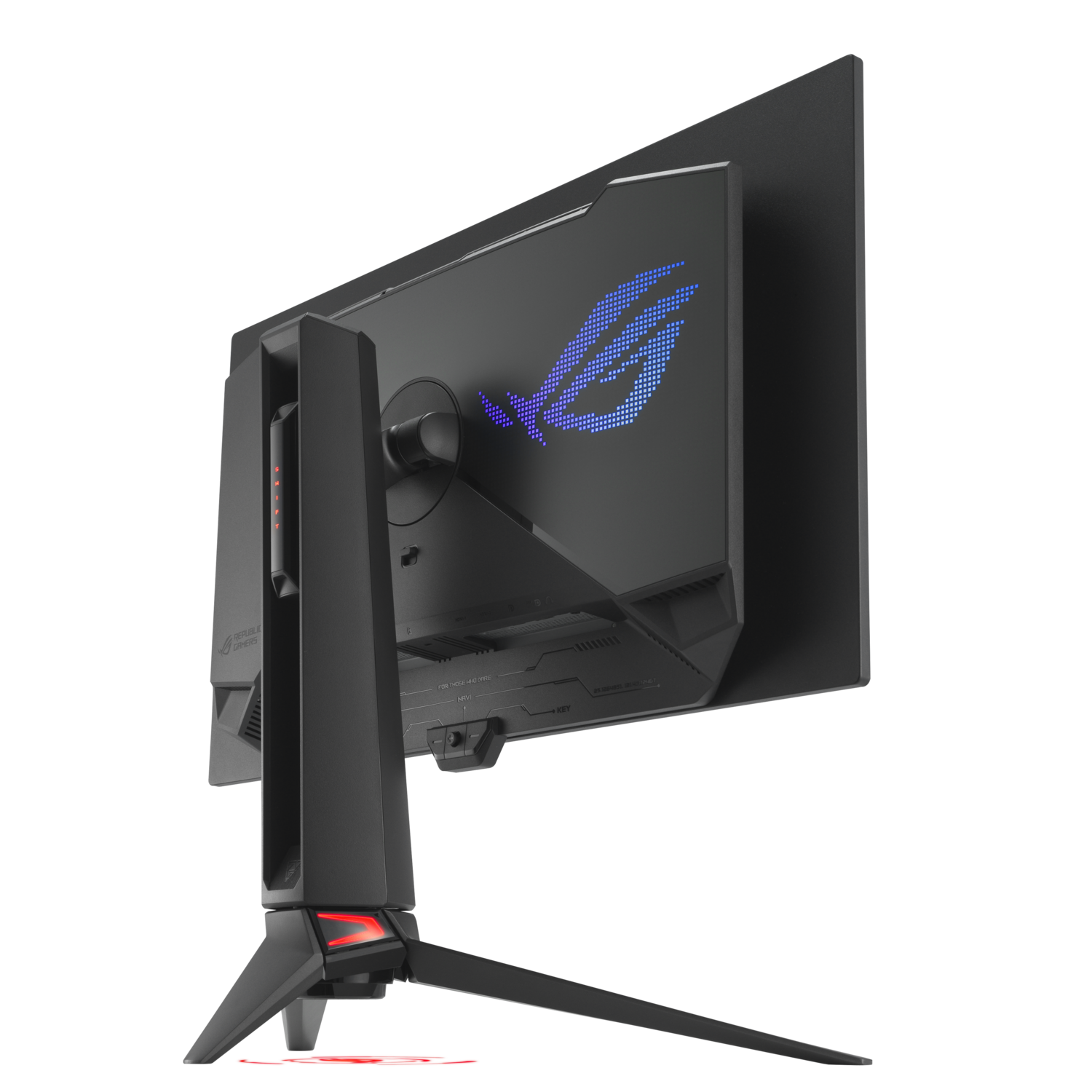 Black gaming monitor from a back angle, with a red light and ROG logo visible.