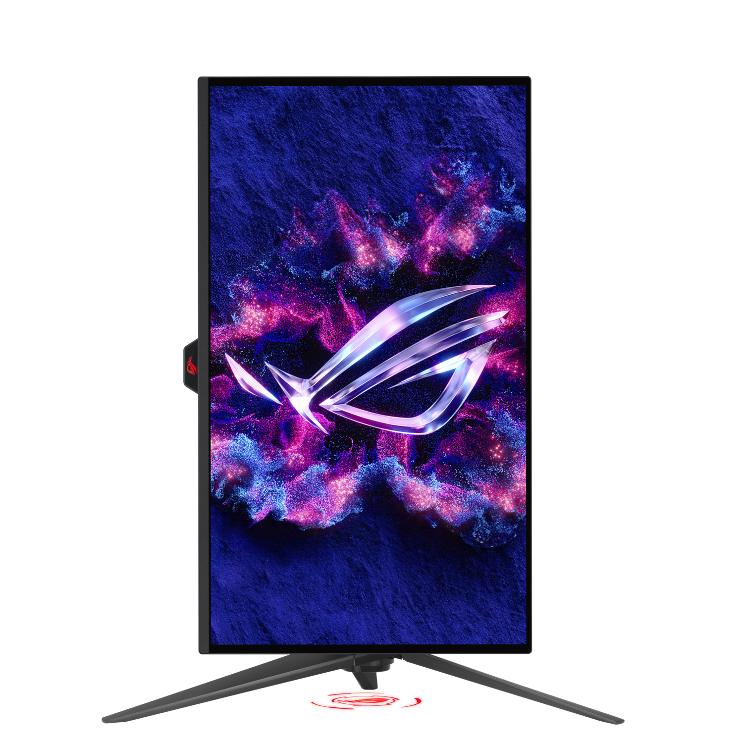 A black monitor with the ROG logo. A black background.