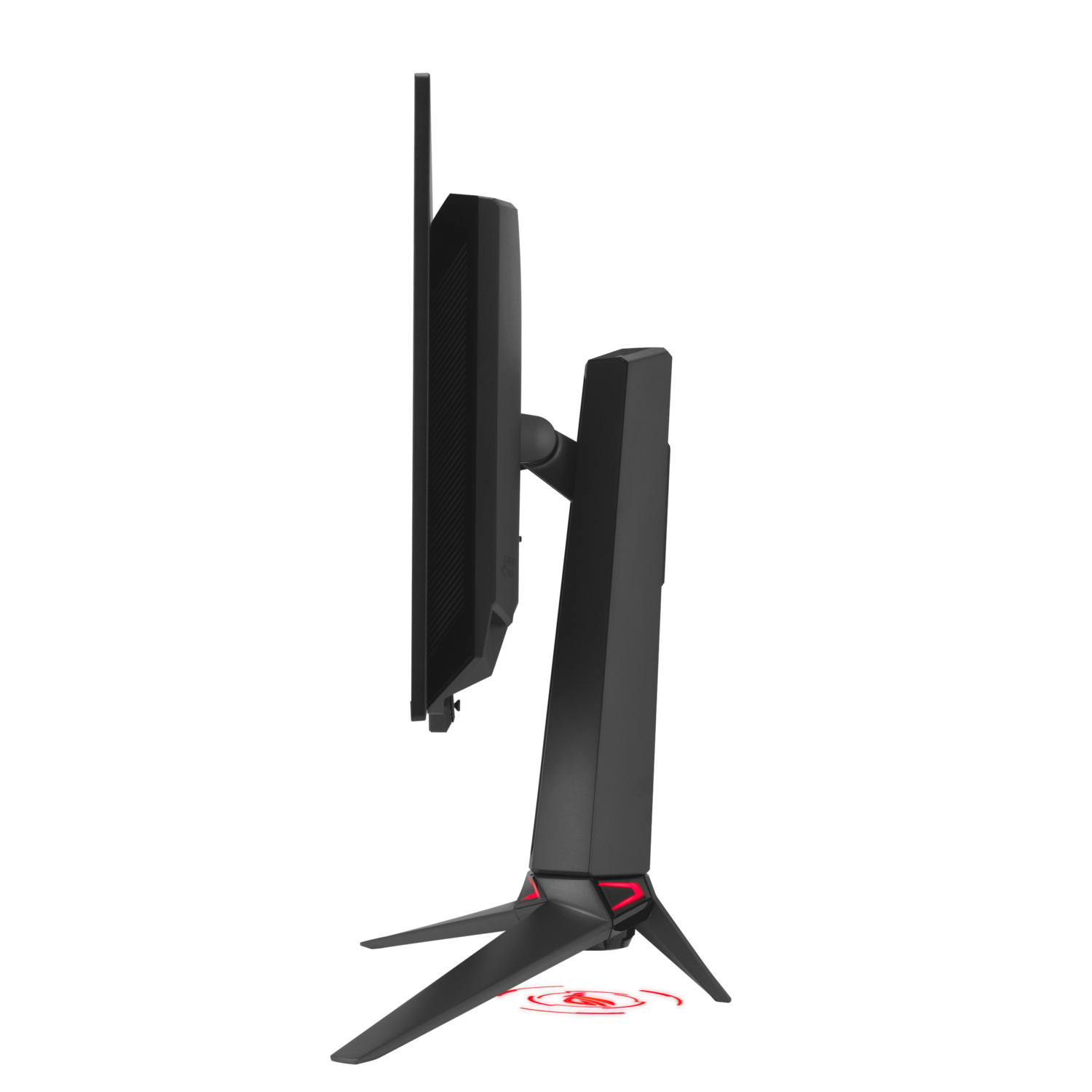 Black gaming monitor from the side with red stand.