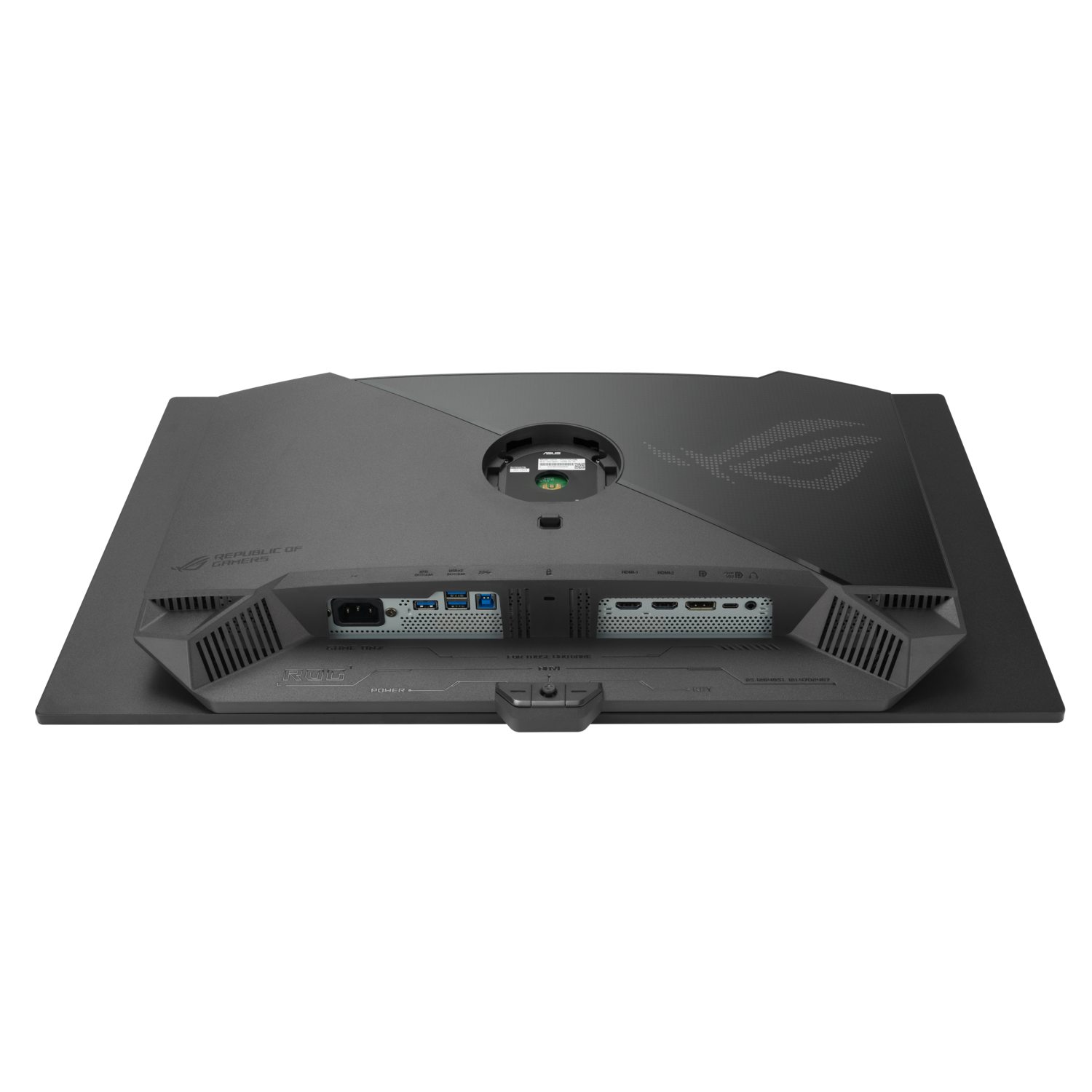 The back of a black monitor, with ports and the ROG logo visible.