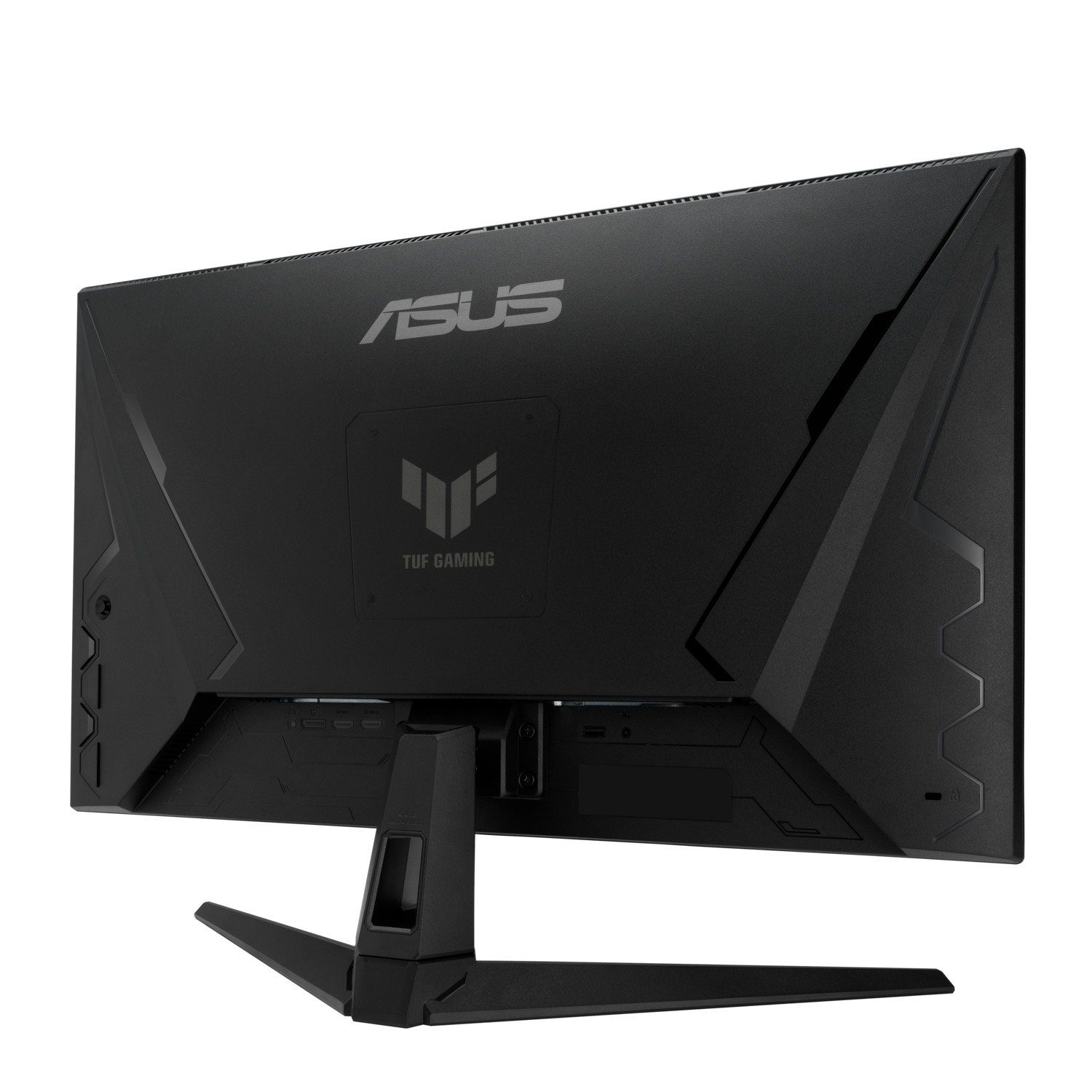Black gaming monitor from ASUS. Back view showing ports and stand details.