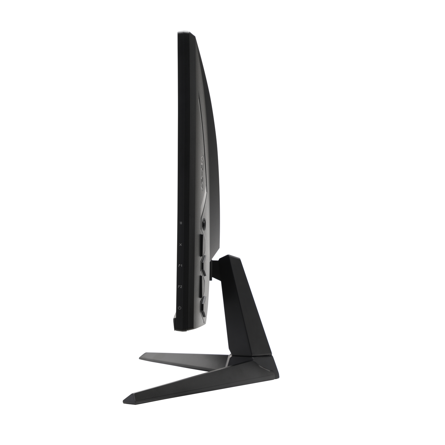 A side view of a black computer monitor with a black stand, isolated on white.
