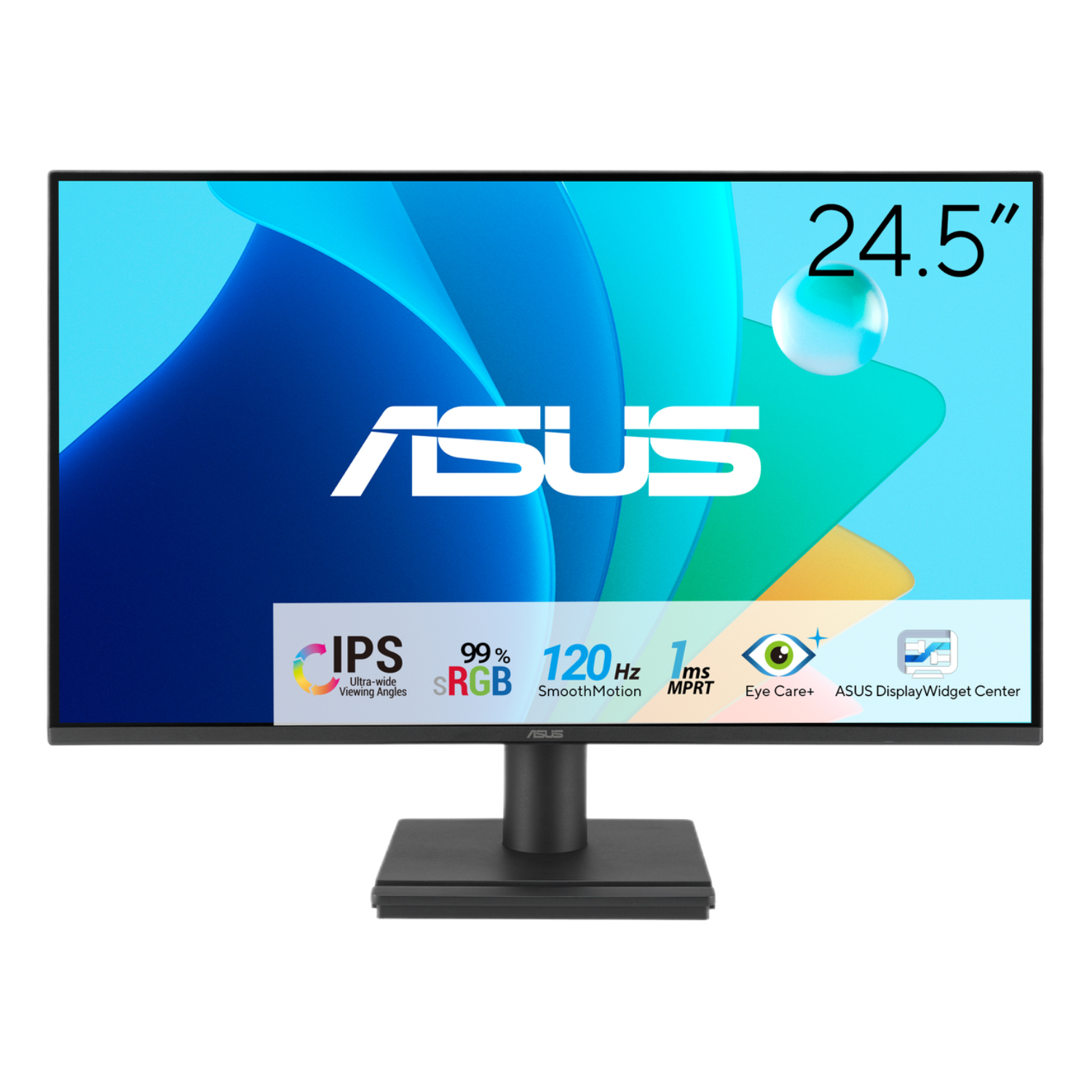Een 24,5" ASUS monitor. Hij heeft het IPS-logo en toont 99% sRGB, 120Hz, 1ms MPRT en Eye Care+. Het ASUS-logo is zichtbaar.