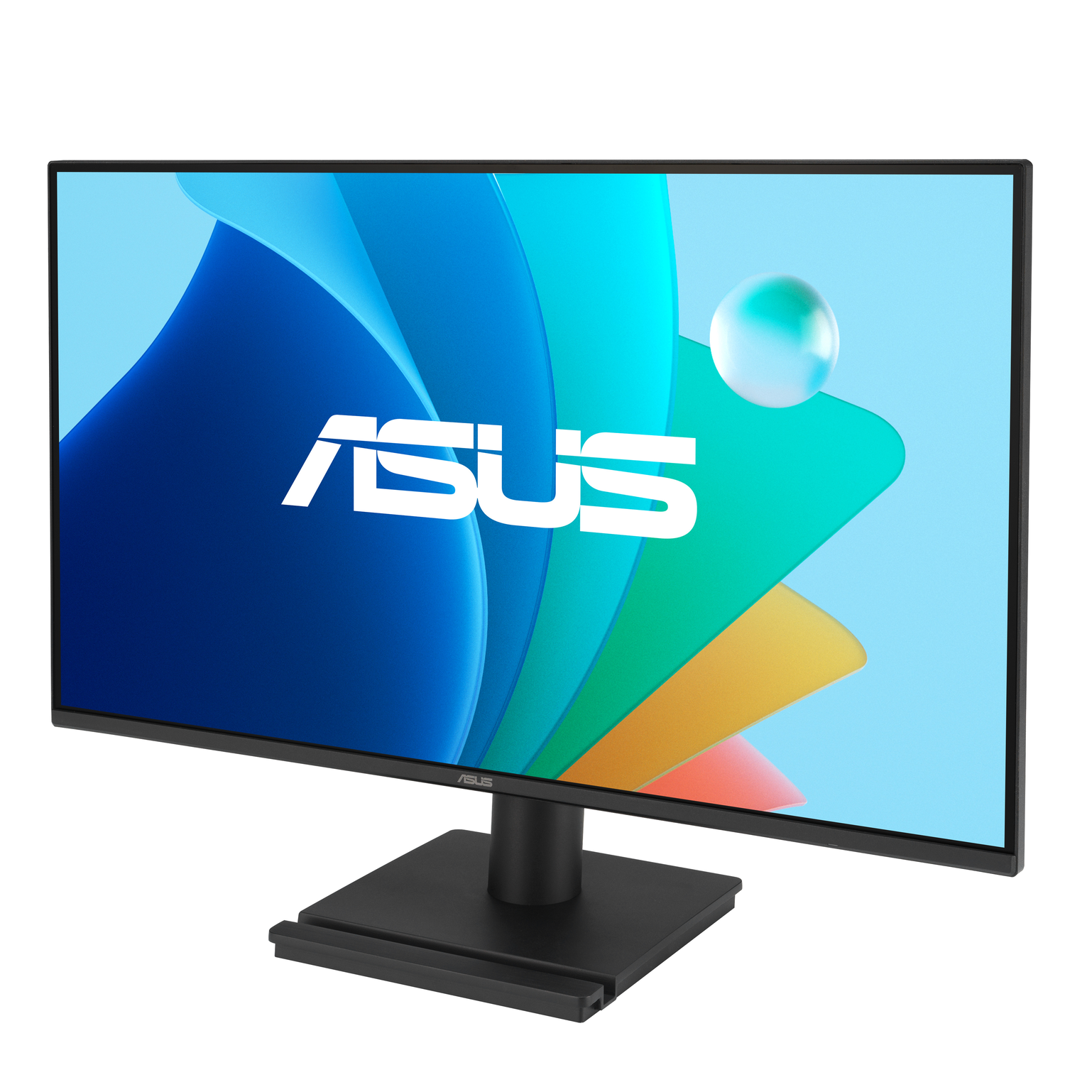 Een ASUS computermonitor, zwart, met een gebogen scherm. Het scherm heeft een kleurrijk abstract ontwerp en het ASUS-logo.