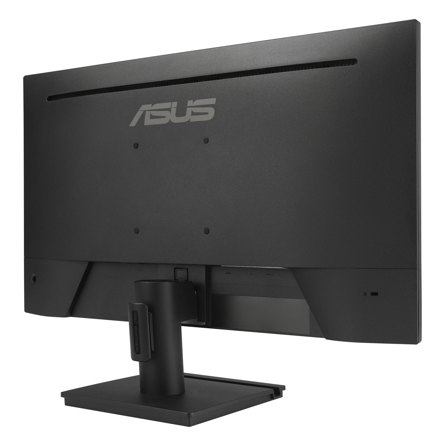 De achterkant van een zwarte ASUS-monitor, met de standaard en het logo.