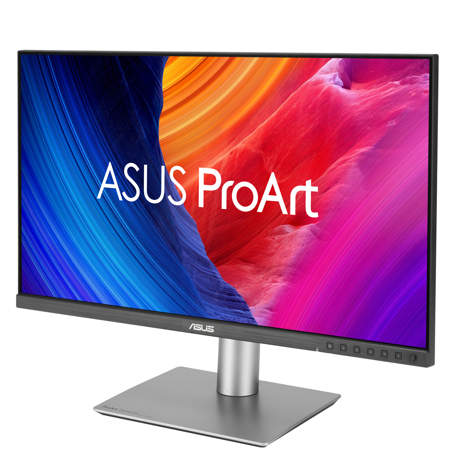 A silver monitor with a stand. The screen displays a colorful abstract image. Brand name: ASUS ProArt.