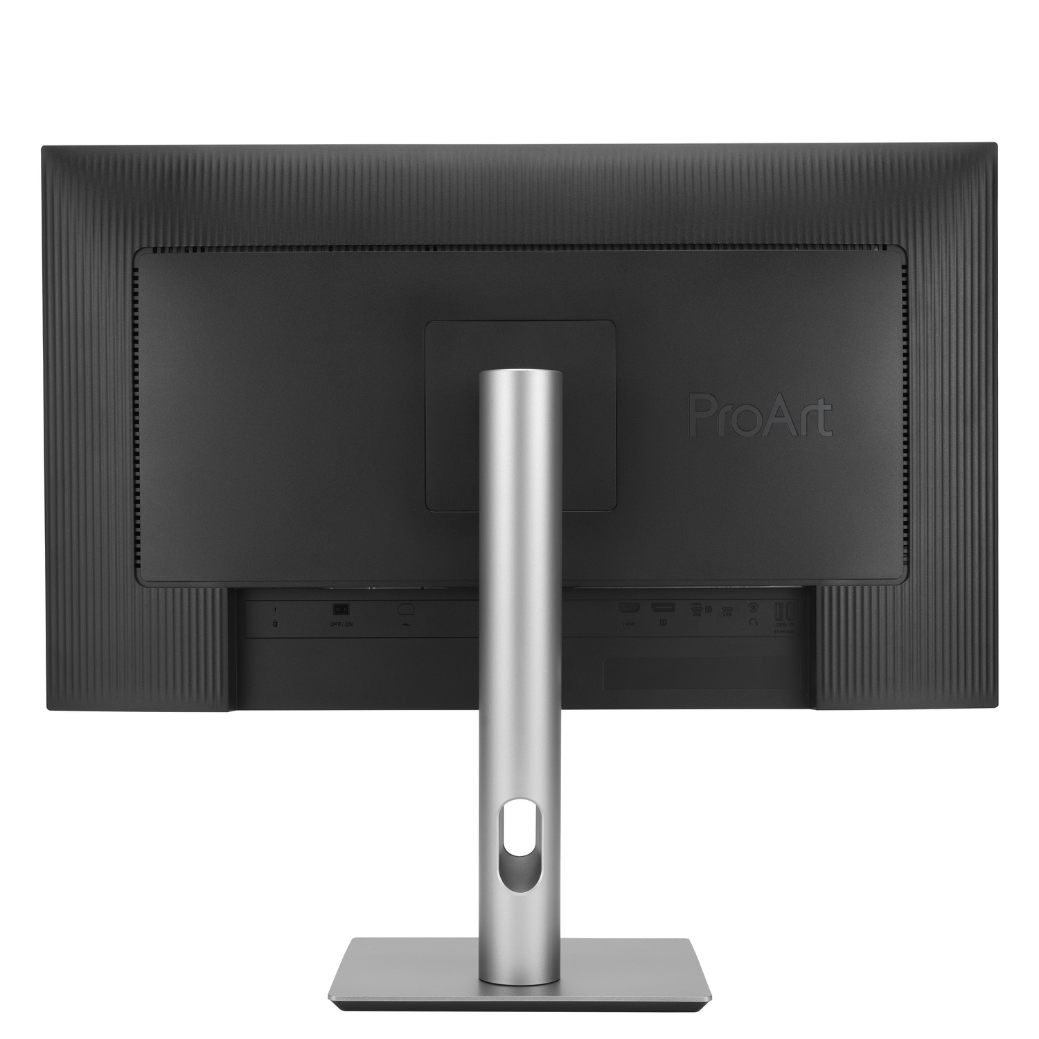 Rear view of a black computer monitor with a silver stand and base. The monitor has a ProArt logo.