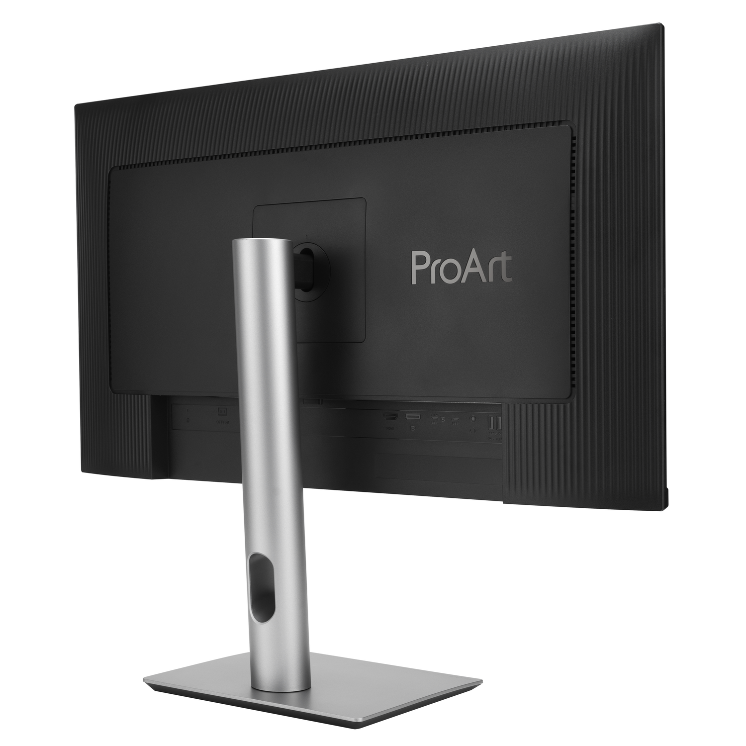 The back of a black computer monitor, with the words 'ProArt' on it. A silver stand is present.