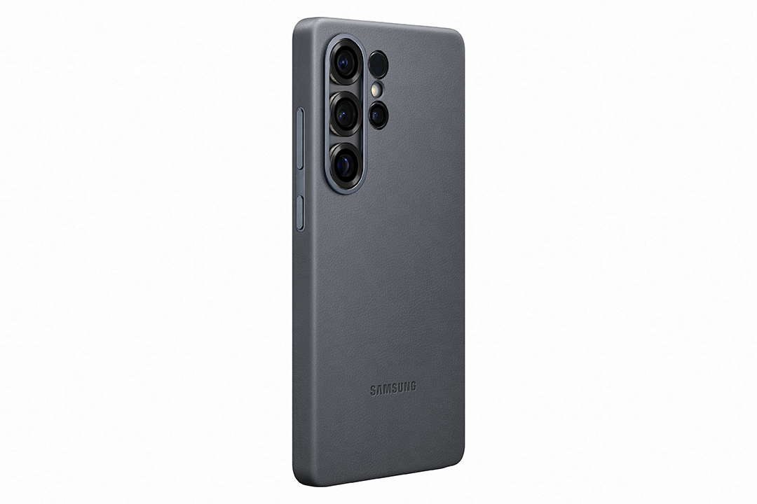 Szürke okostelefon tok három kamerával és Samsung logóval, hátulról nézve.