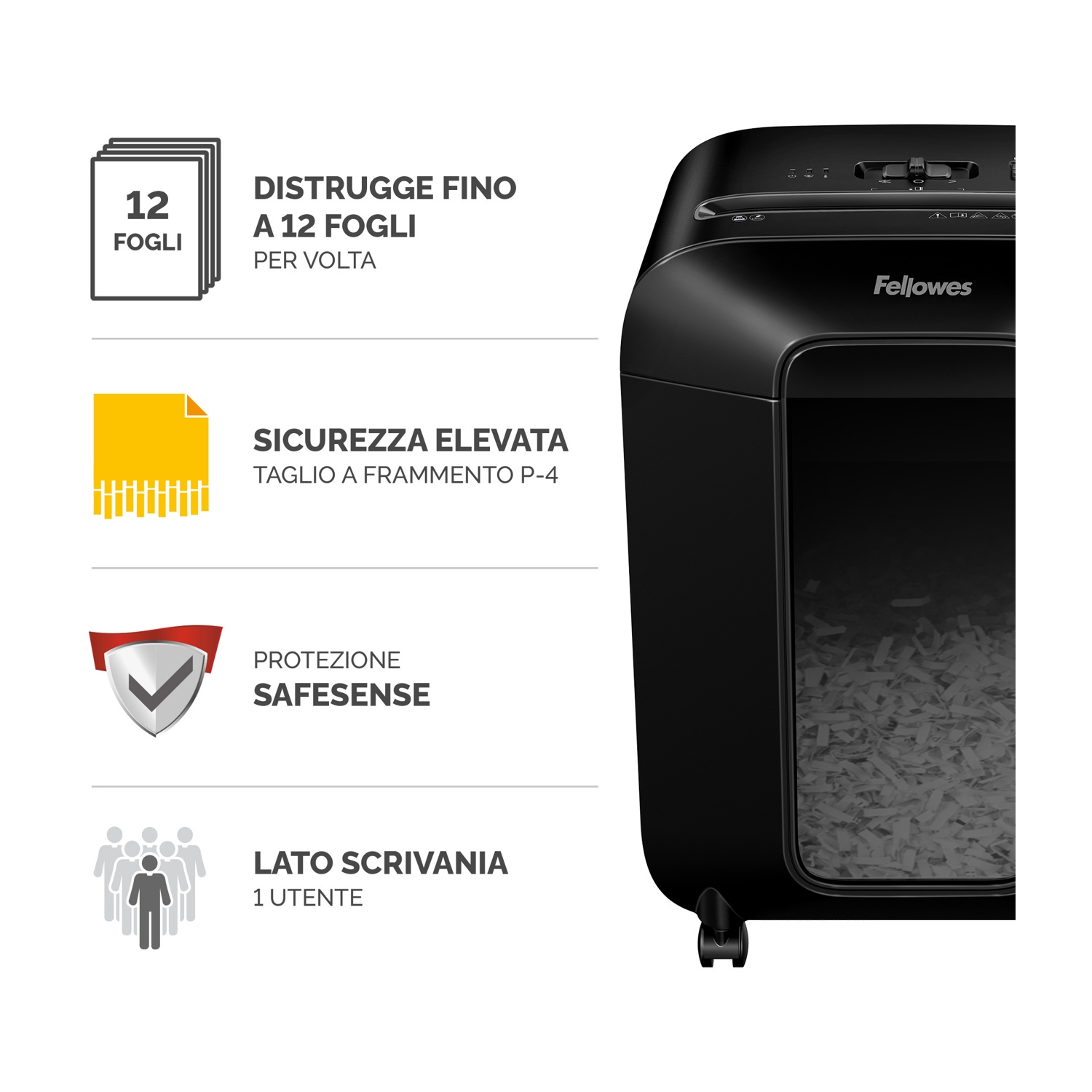 Distruggidocumenti Fellowes nero con etichette di testo e icone.