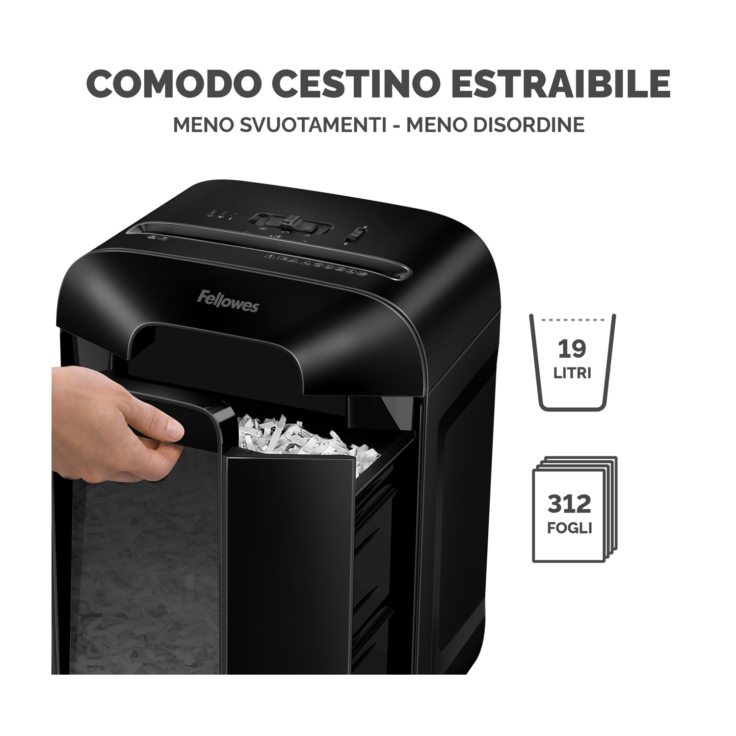 Distruggidocumenti Fellowes nero con una mano che estrae il contenitore dei rifiuti.