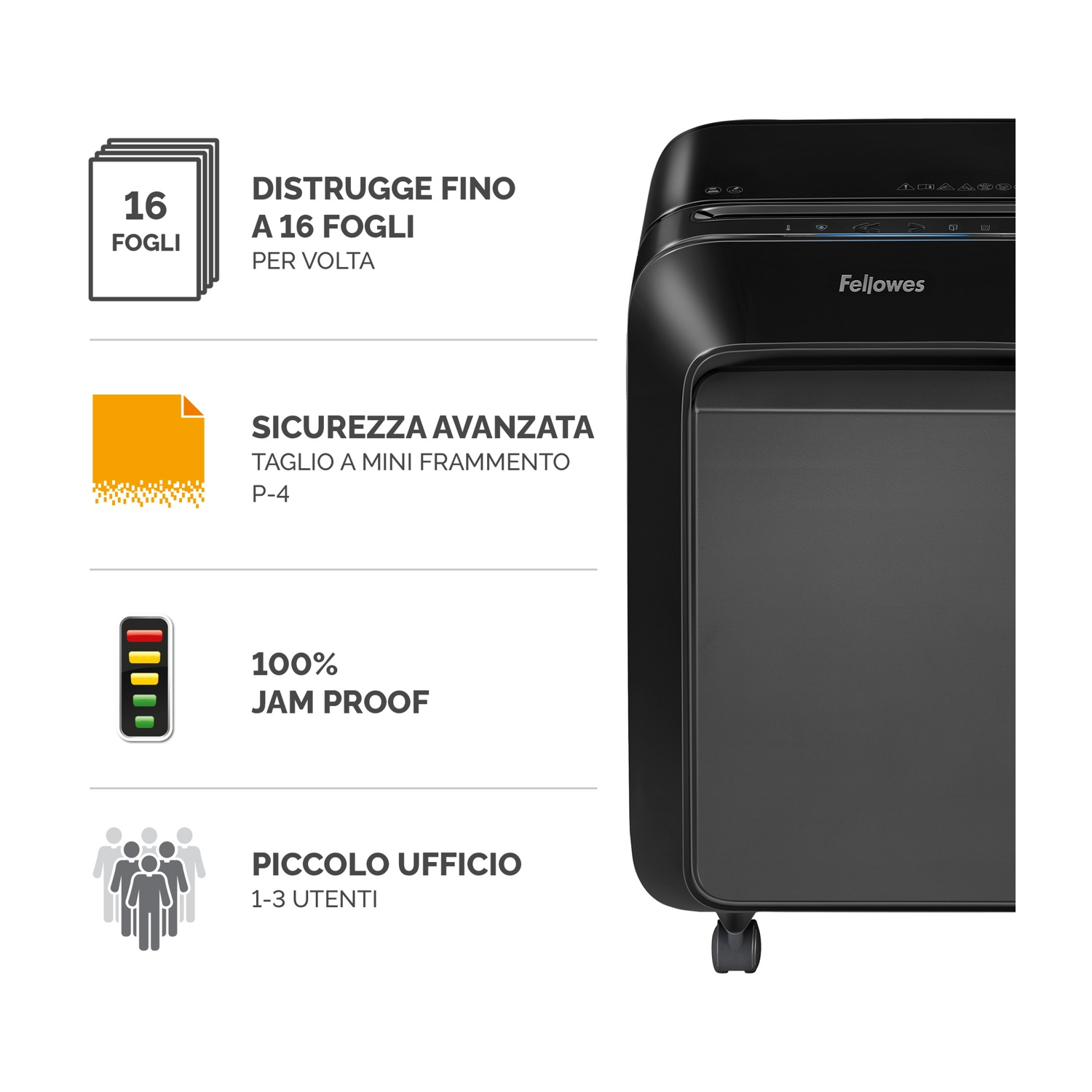 Distruggidocumenti nero con testo: distrugge 16 fogli, sicurezza avanzata, 100% anti-inceppamento, per piccolo ufficio, 1-3 utenti.