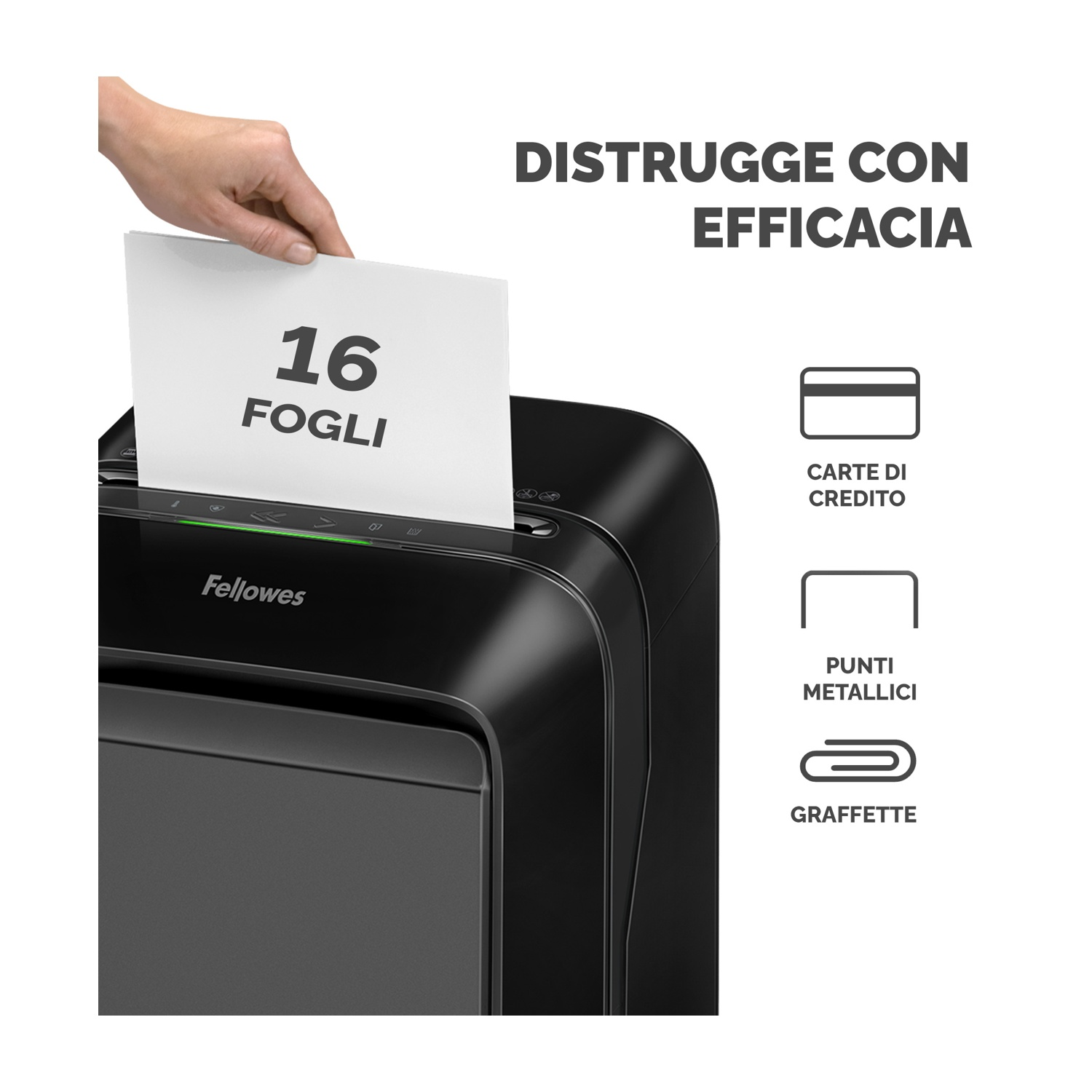 Distruggidocumenti con carta inserita. Testo: 16 fogli. Nero. Testo: carte, punti metallici, graffette.