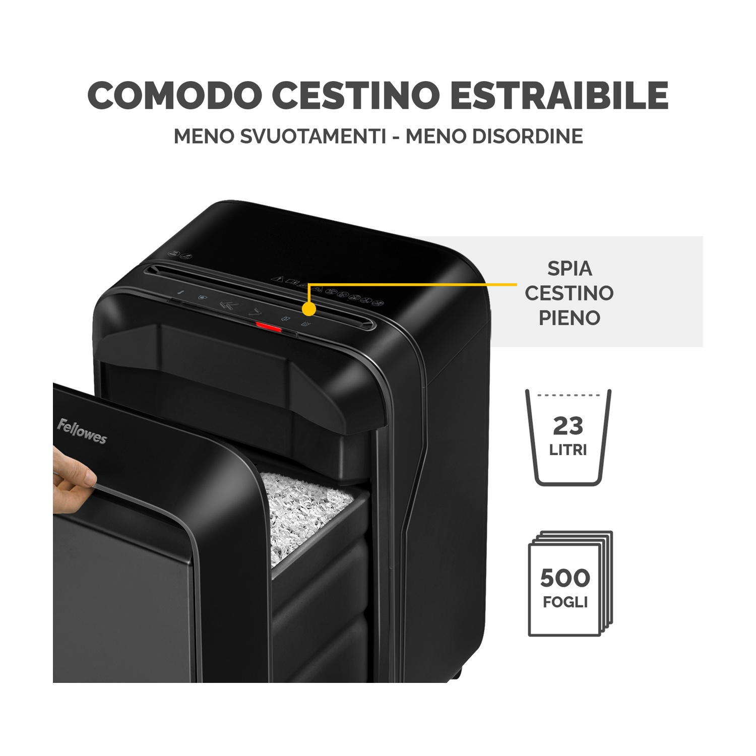 Distruggidocumenti nero con cassetto aperto. Testo: 'COMANDO CESTINO ESTRAIBILE' e '500 FOGLI'.