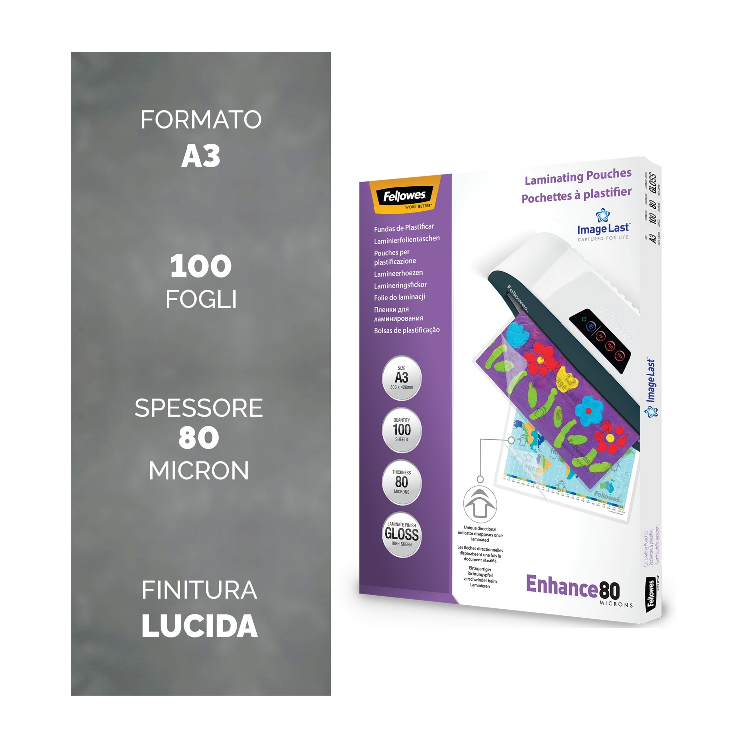 Scatola di buste per laminazione. Testo: Formato A3, 100 Fogli, Spessore 80 micron, Finitura lucida.