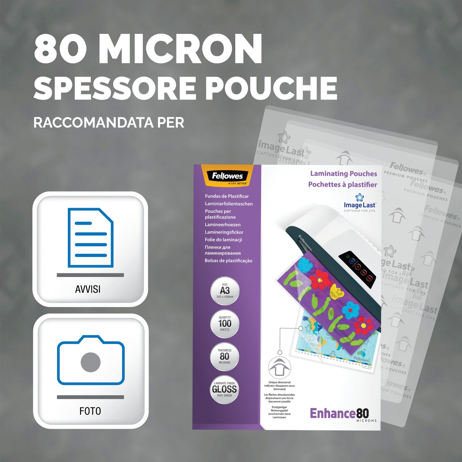 Confezione con dettagli del prodotto. La confezione mostra buste, testo e loghi sulle buste per laminazione.