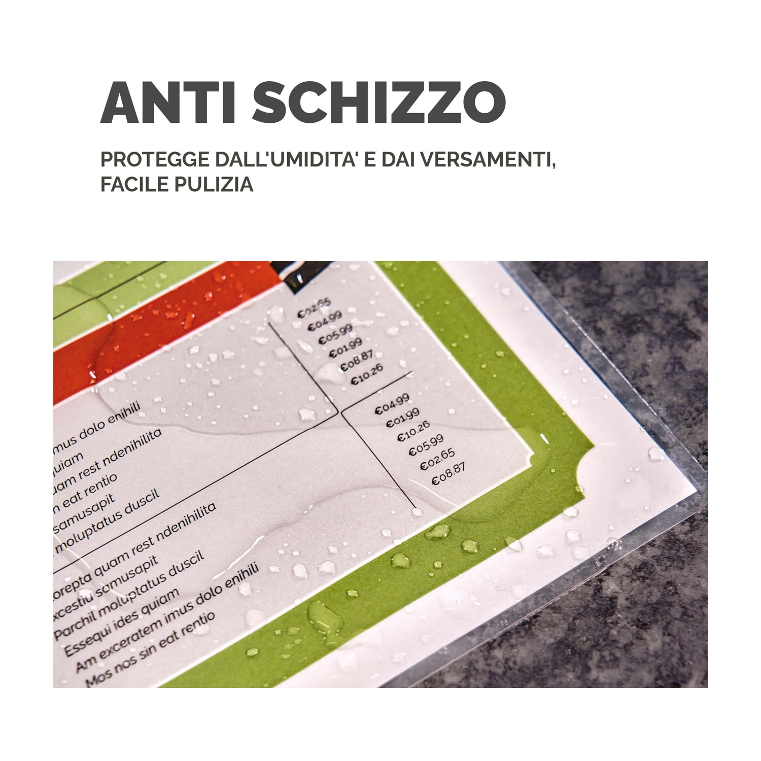 Un menu con goccioline d'acqua. Il testo è visibile, ma sfocato.
