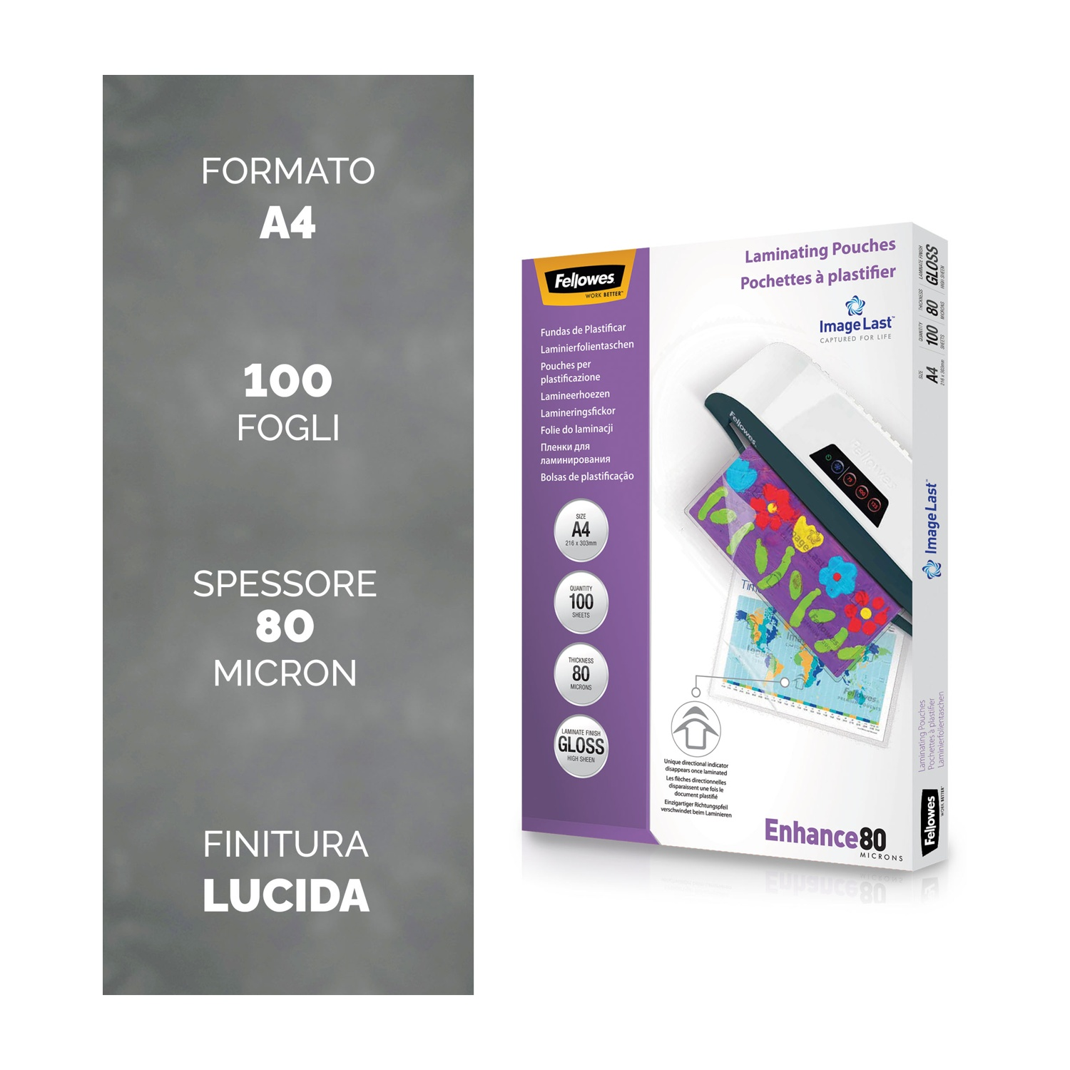 Una scatola di buste per la laminazione e una casella di testo. Il testo descrive le dimensioni, lo spessore e la finitura delle buste.
