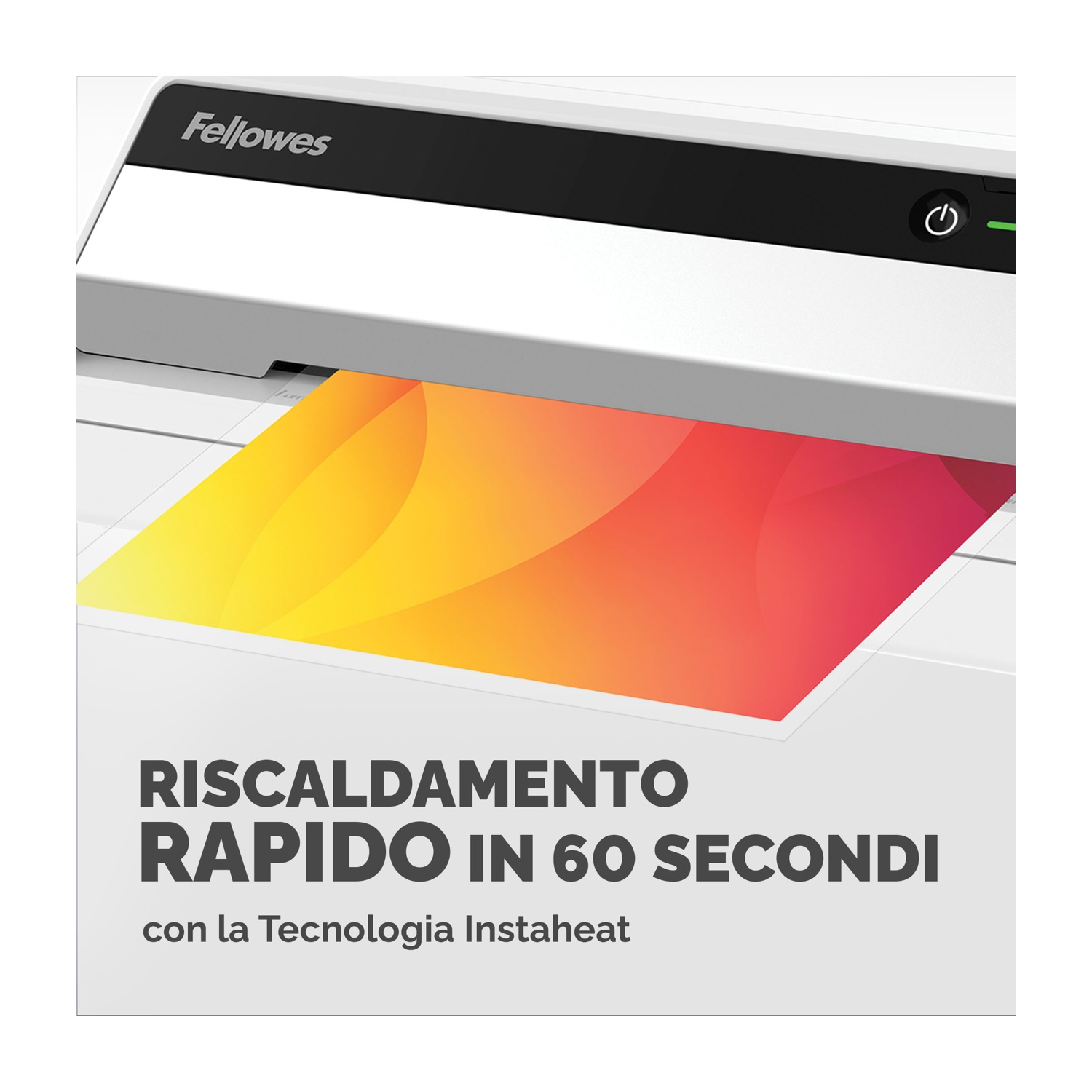 Una plastificatrice con un foglio di carta che viene alimentato, con testo sul riscaldamento rapido.