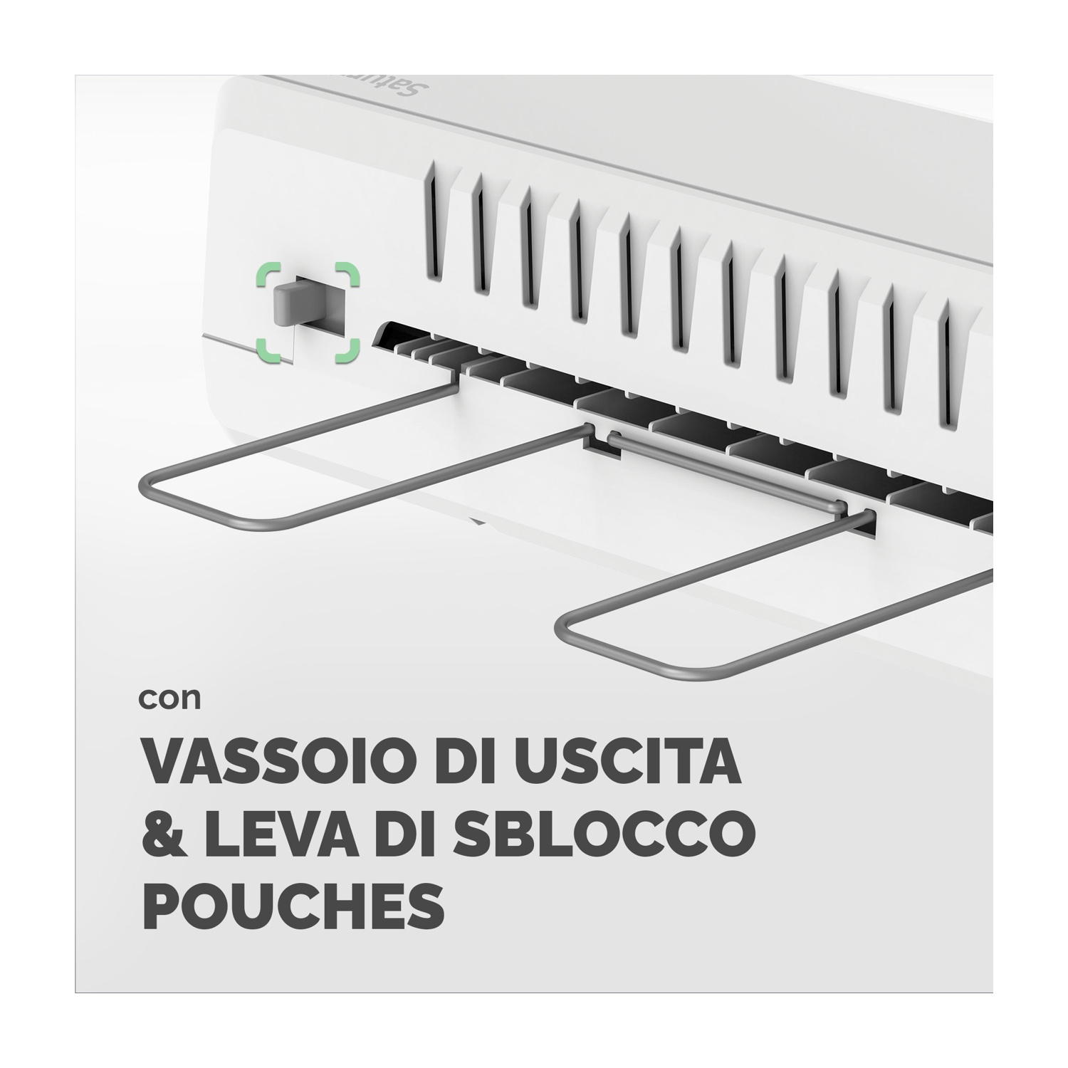 Plastificatrice bianca con testo: Vassoio di Uscita & Leva di Sblocco Pouches.
