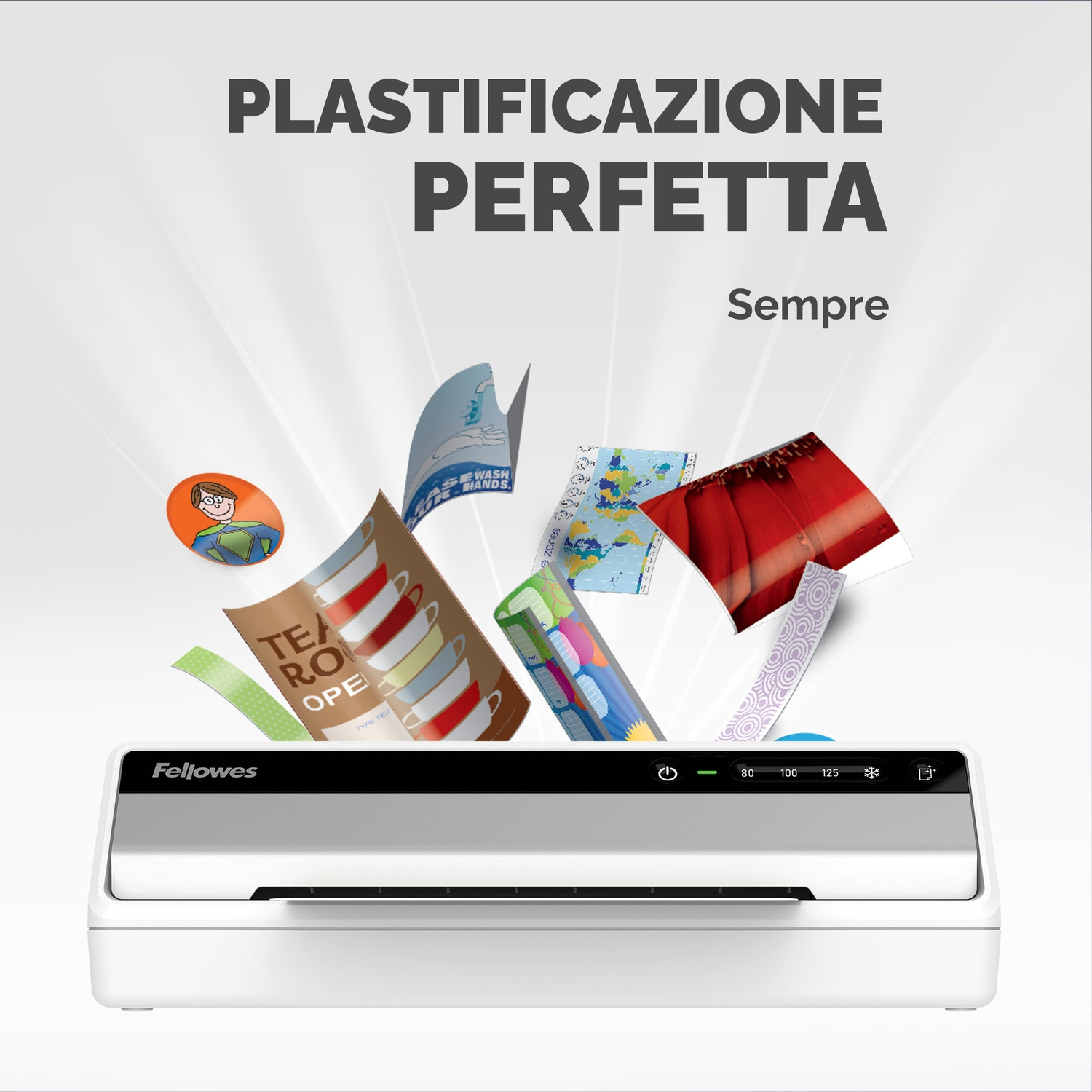 Una plastificatrice con fogli in uscita. Il testo in alto dice 'PLASTIFICAZIONE PERFETTA'.