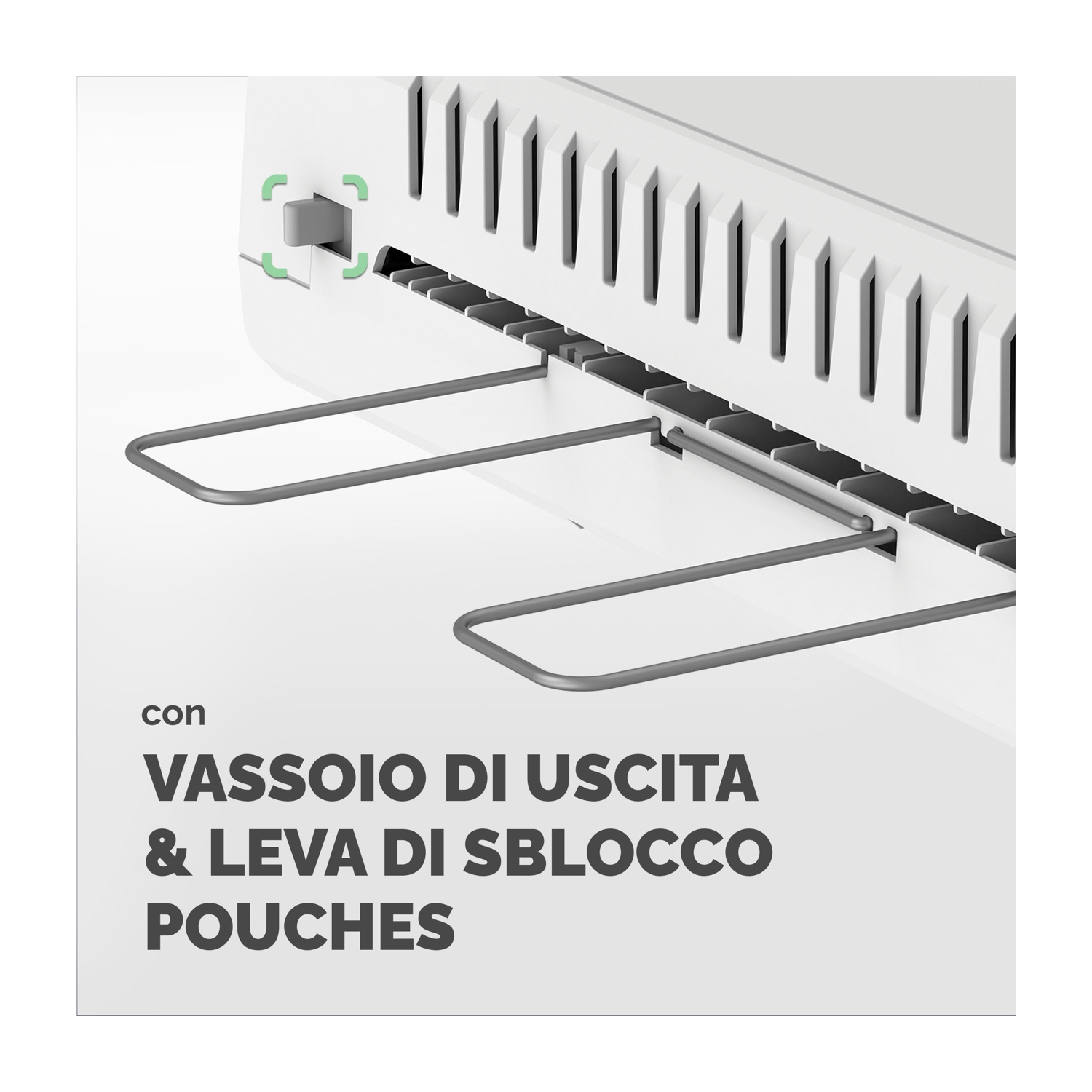 Dispositivo bianco con supporti metallici e leva per buste, su sfondo bianco, primo piano.