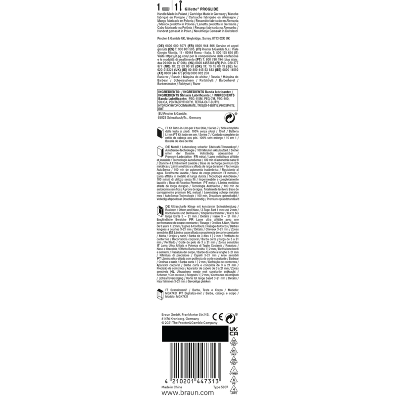Embalaje del producto con texto sobre una maquinilla de afeitar. Incluye nombre de marca, detalles del producto y advertencias.