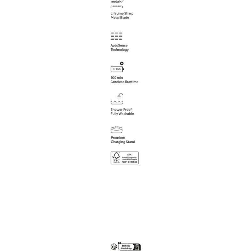 Fondo blanco con iconos. Iconos de cuchilla metálica, tecnología AutoSense, batería Li-Ion y base carga.