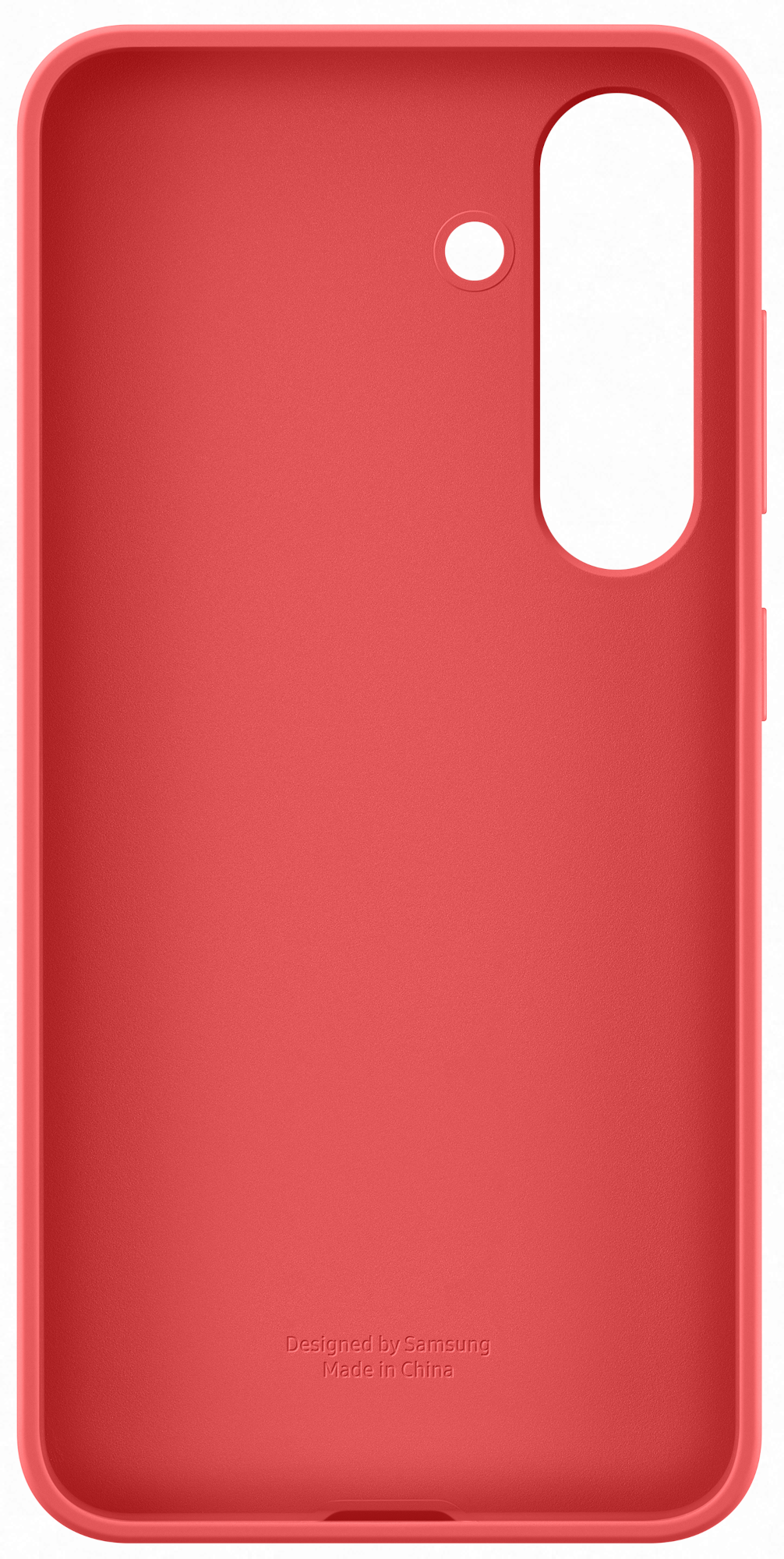 Egy piros telefontok kamerakivágással és a "Designed by Samsung Made in China" felirattal.