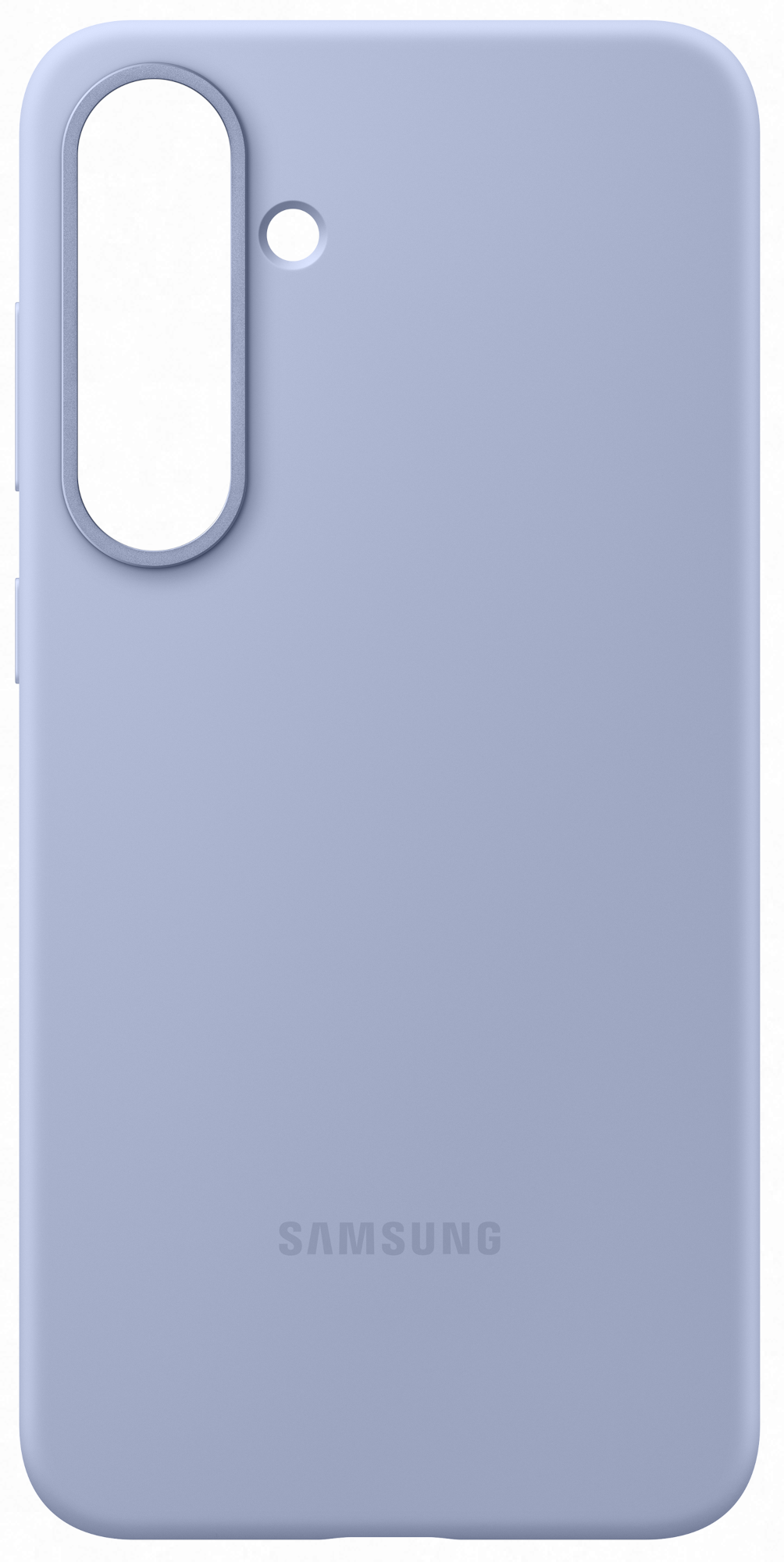 Világoskék telefontok. A hátlap sima, a Samsung márkalogóval és a kamera lyukkal.