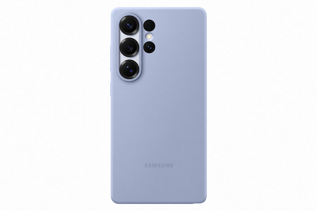 Világos lila telefontok három kamerával. Samsung logó látható.