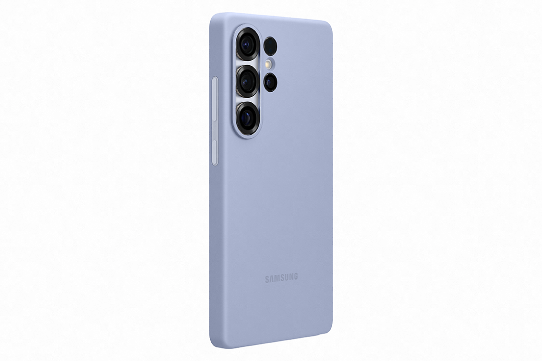 Egy világoskék telefontok Samsung logóval, ferdén a gombok és kamerák megmutatásához.