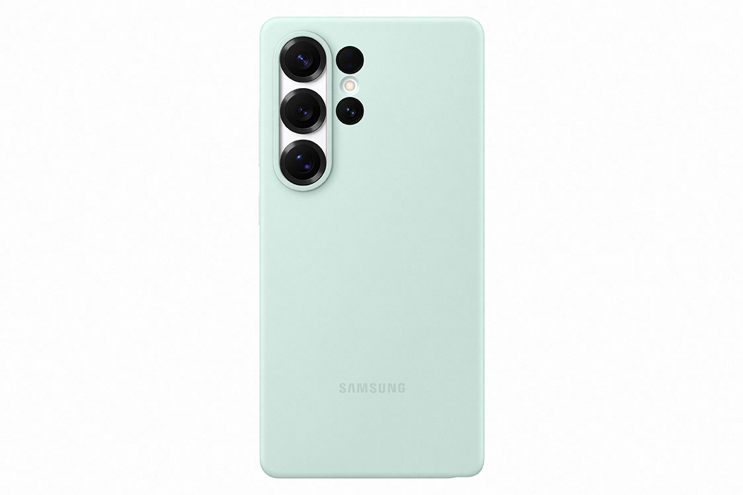 Mentazöld telefontok hátulján kamerákkal. Samsung logó alul.